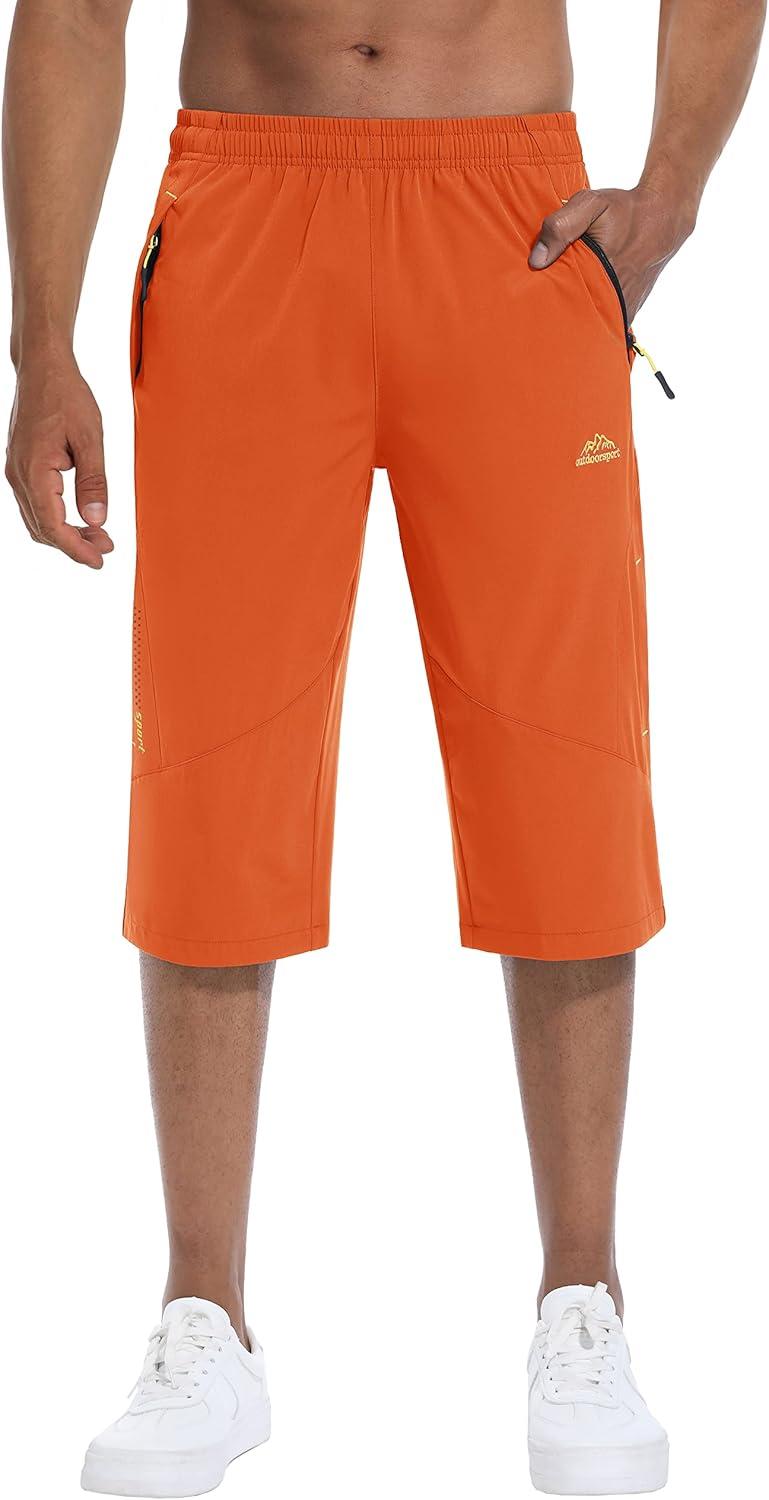 imageMAGCOMSEN Mens Capri Shorts Quick Dry Below Knee 34 Capri Pants with Zipper Pockets for Workout Running Training SummerOrange