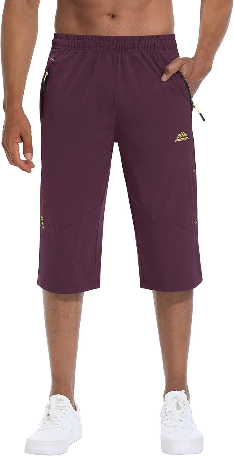 imageMAGCOMSEN Mens Capri Shorts Quick Dry Below Knee 34 Capri Pants with Zipper Pockets for Workout Running Training SummerPurple Red