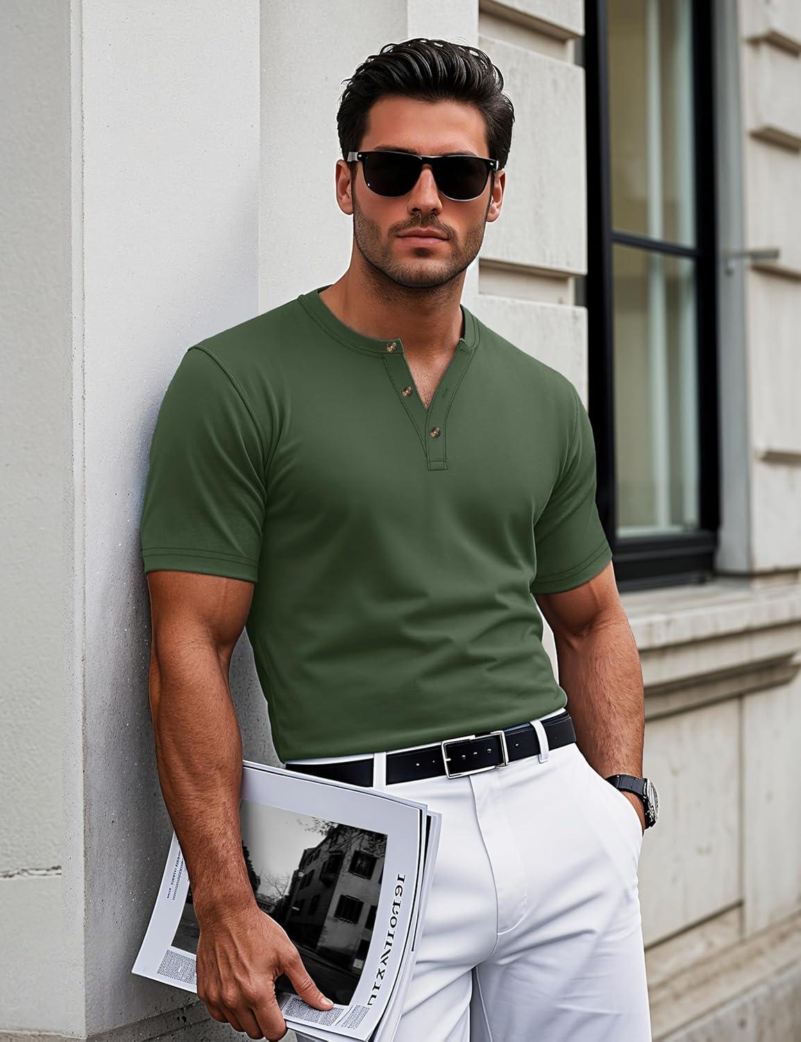 imageMAGCOMSEN Mens Henley Short Sleeve Shirt Cotton Lightweight 3 Button Tops Vintage Casual Summer Shirt Soft FashionArmy Greencotton