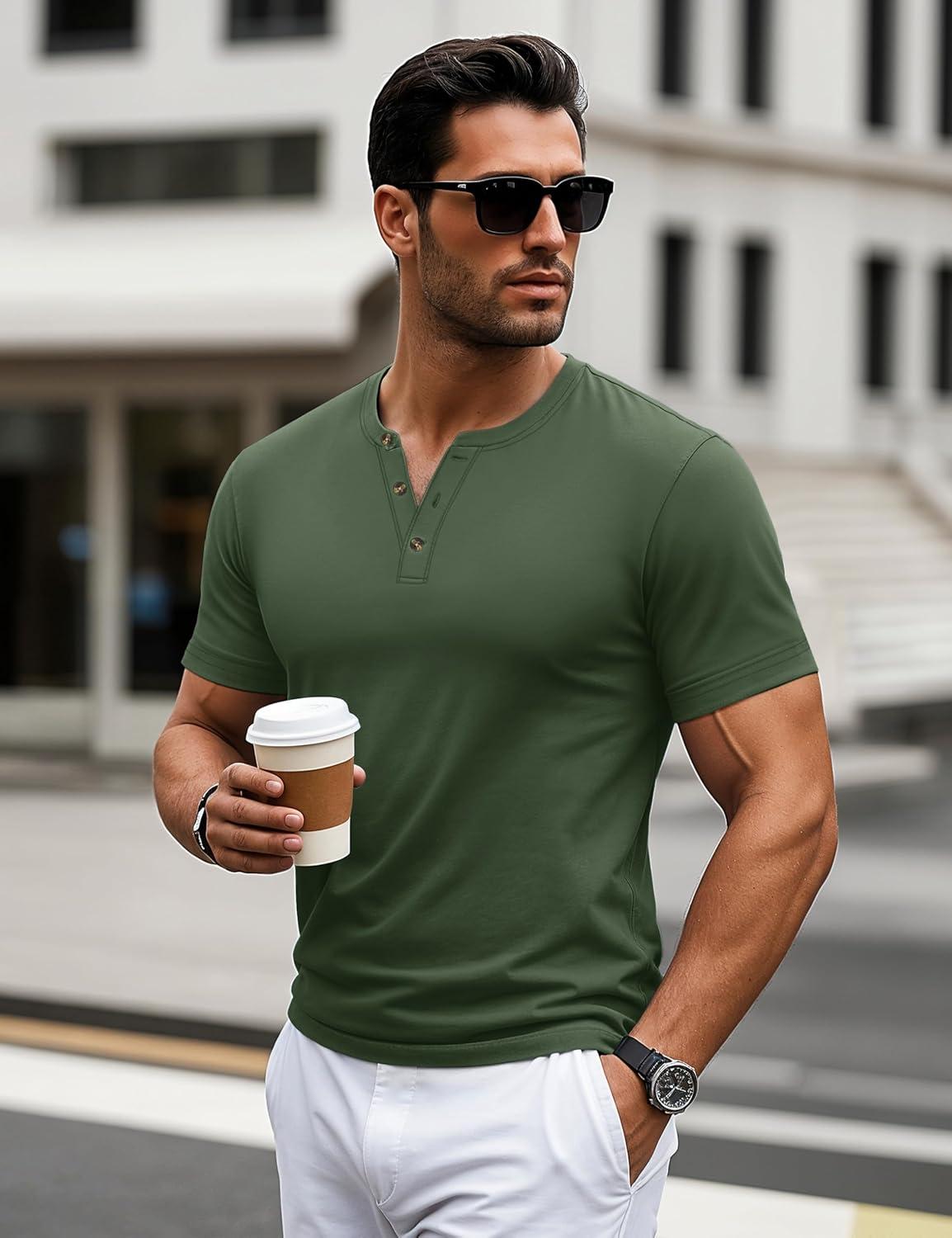 imageMAGCOMSEN Mens Henley Short Sleeve Shirt Cotton Lightweight 3 Button Tops Vintage Casual Summer Shirt Soft FashionArmy Greencotton