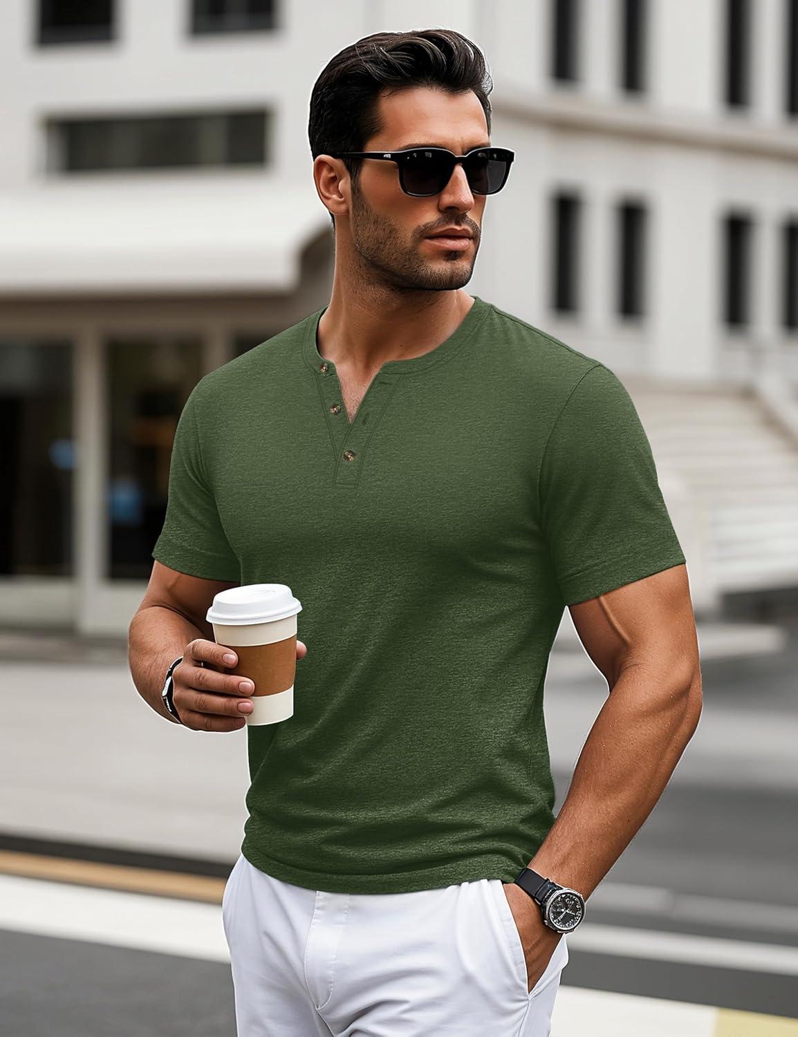 imageMAGCOMSEN Mens Henley Short Sleeve Shirt Cotton Lightweight 3 Button Tops Vintage Casual Summer Shirt Soft FashionArmy Greencotton Blend