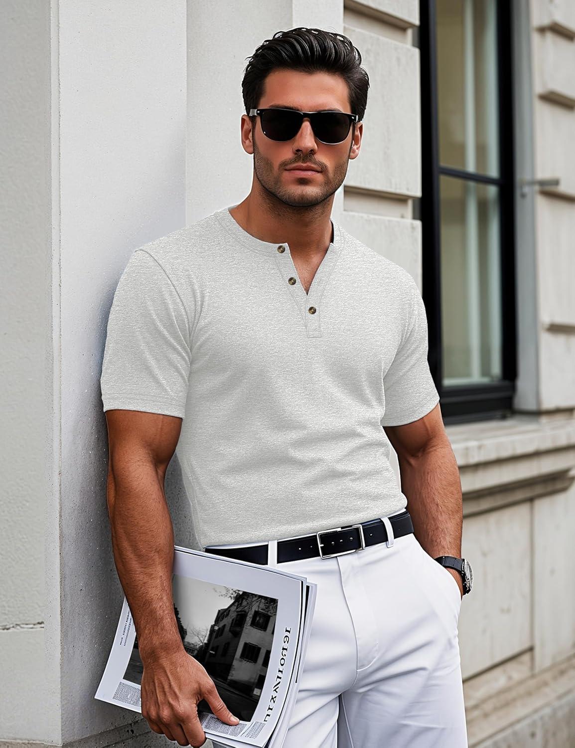 imageMAGCOMSEN Mens Henley Short Sleeve Shirt Cotton Lightweight 3 Button Tops Vintage Casual Summer Shirt Soft FashionBeigecotton Blend