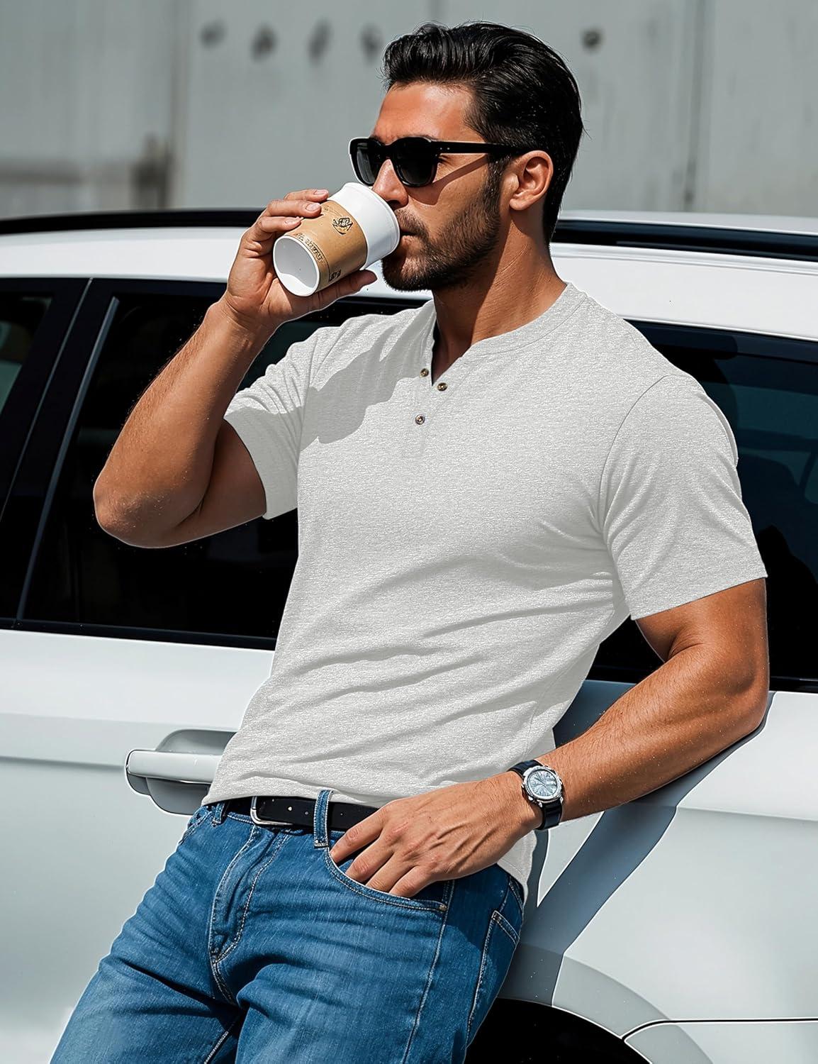 imageMAGCOMSEN Mens Henley Short Sleeve Shirt Cotton Lightweight 3 Button Tops Vintage Casual Summer Shirt Soft FashionBeigecotton Blend