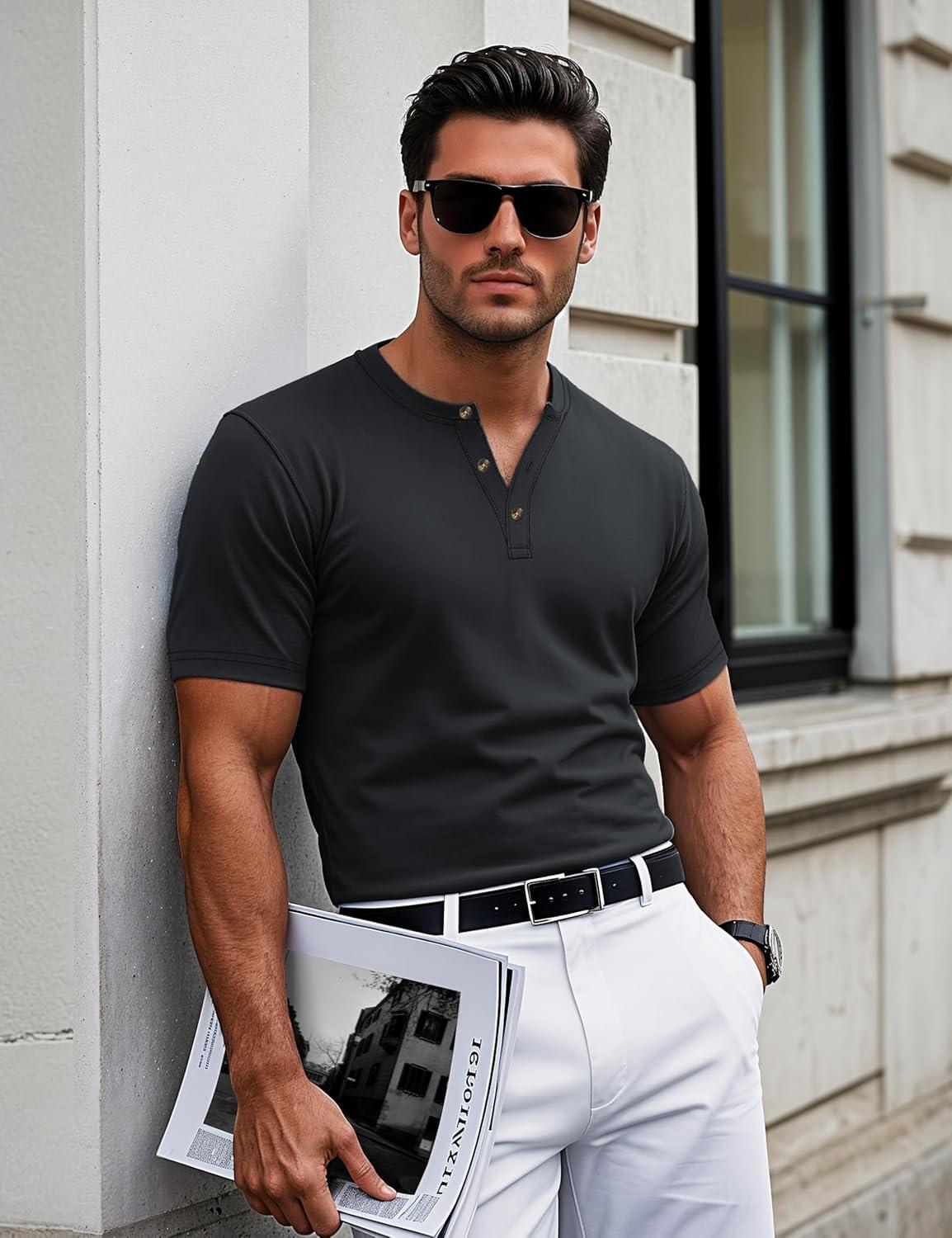 imageMAGCOMSEN Mens Henley Short Sleeve Shirt Cotton Lightweight 3 Button Tops Vintage Casual Summer Shirt Soft FashionBlackcotton