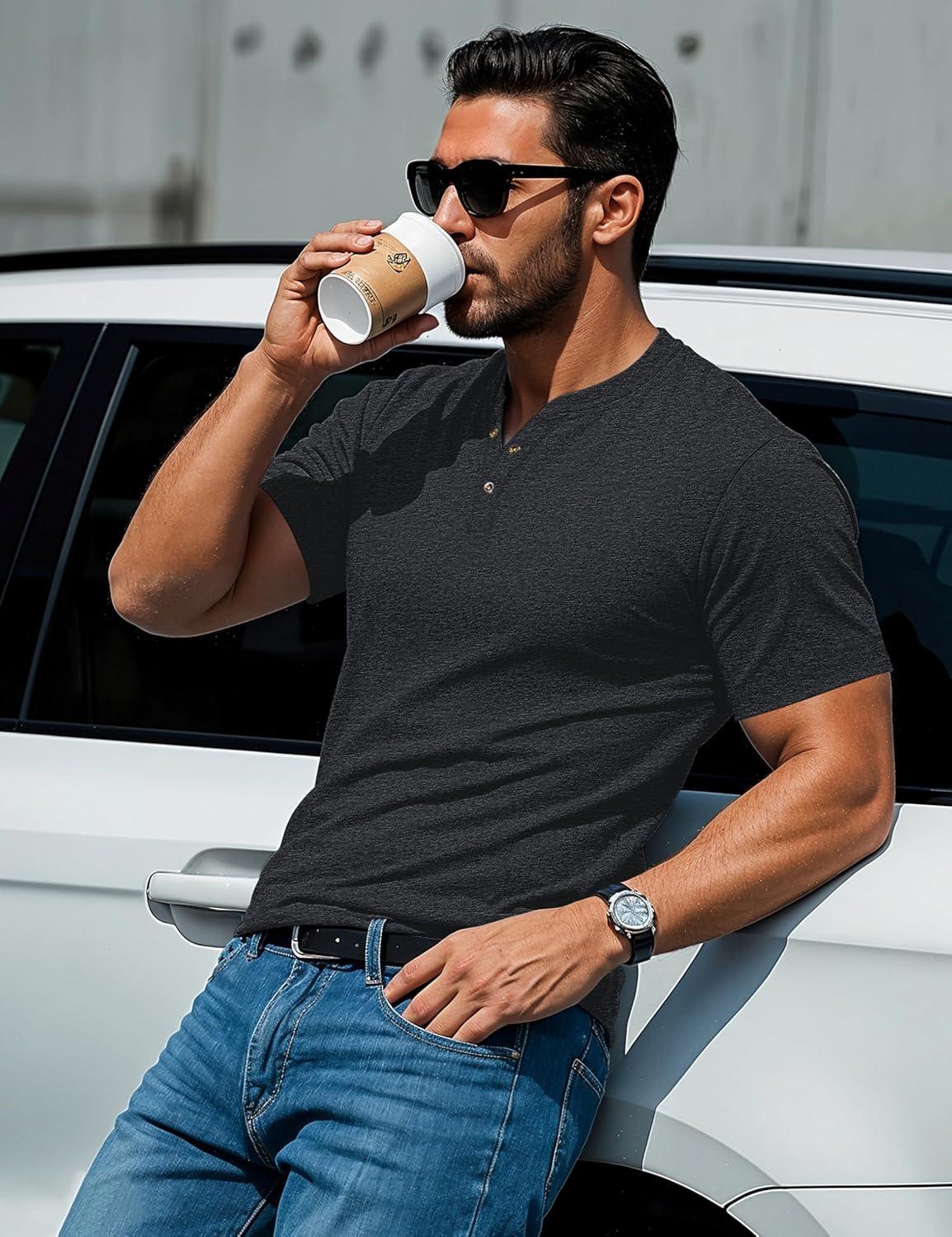 imageMAGCOMSEN Mens Henley Short Sleeve Shirt Cotton Lightweight 3 Button Tops Vintage Casual Summer Shirt Soft FashionBlackcotton Blend