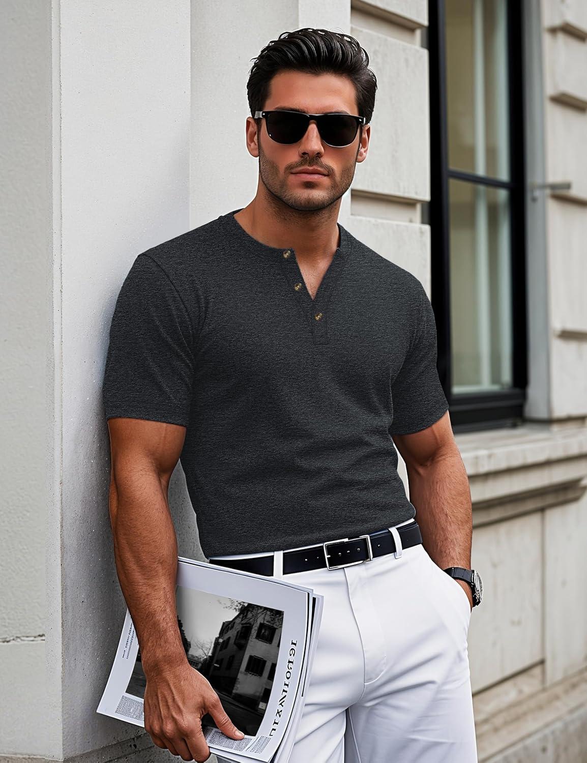 imageMAGCOMSEN Mens Henley Short Sleeve Shirt Cotton Lightweight 3 Button Tops Vintage Casual Summer Shirt Soft FashionBlackcotton Blend