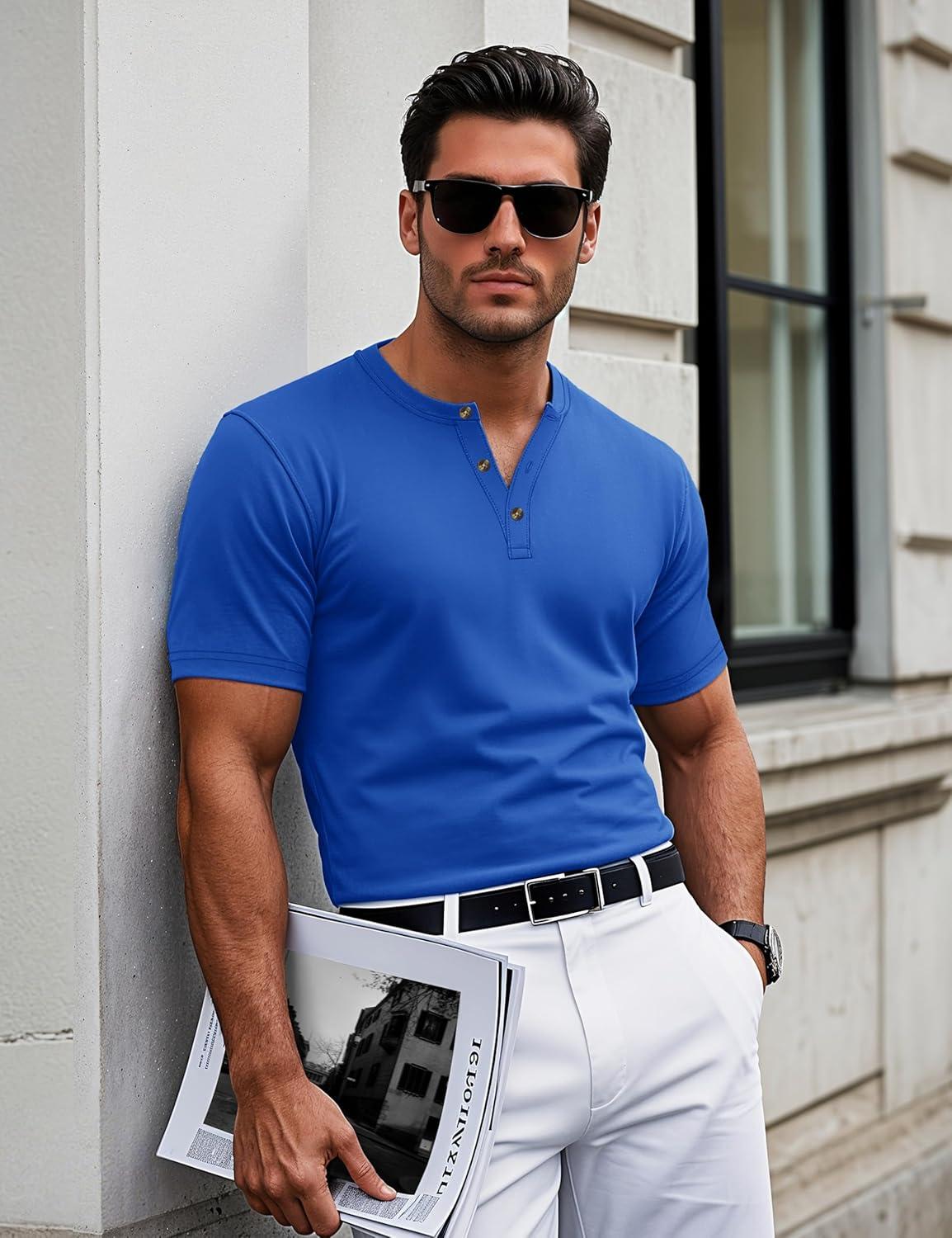 imageMAGCOMSEN Mens Henley Short Sleeve Shirt Cotton Lightweight 3 Button Tops Vintage Casual Summer Shirt Soft FashionBright Bluecotton