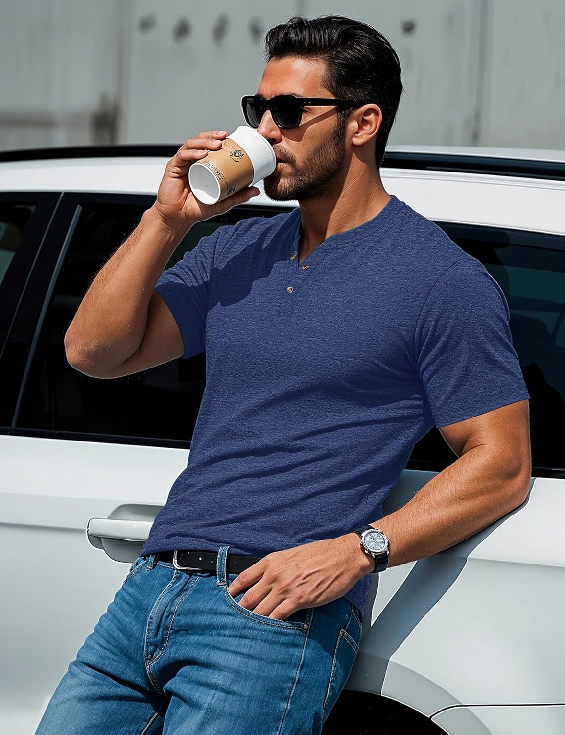 imageMAGCOMSEN Mens Henley Short Sleeve Shirt Cotton Lightweight 3 Button Tops Vintage Casual Summer Shirt Soft FashionDark Bluecotton Blend