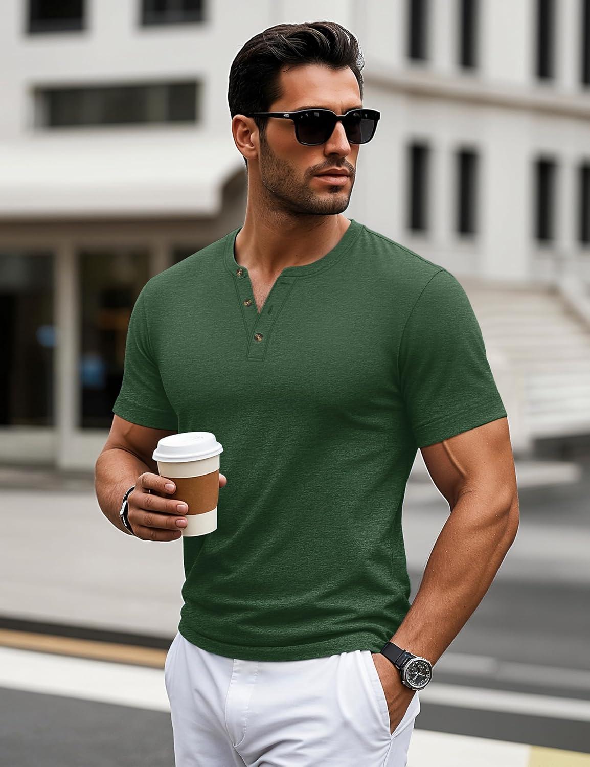 imageMAGCOMSEN Mens Henley Short Sleeve Shirt Cotton Lightweight 3 Button Tops Vintage Casual Summer Shirt Soft FashionDark Greencotton Blend