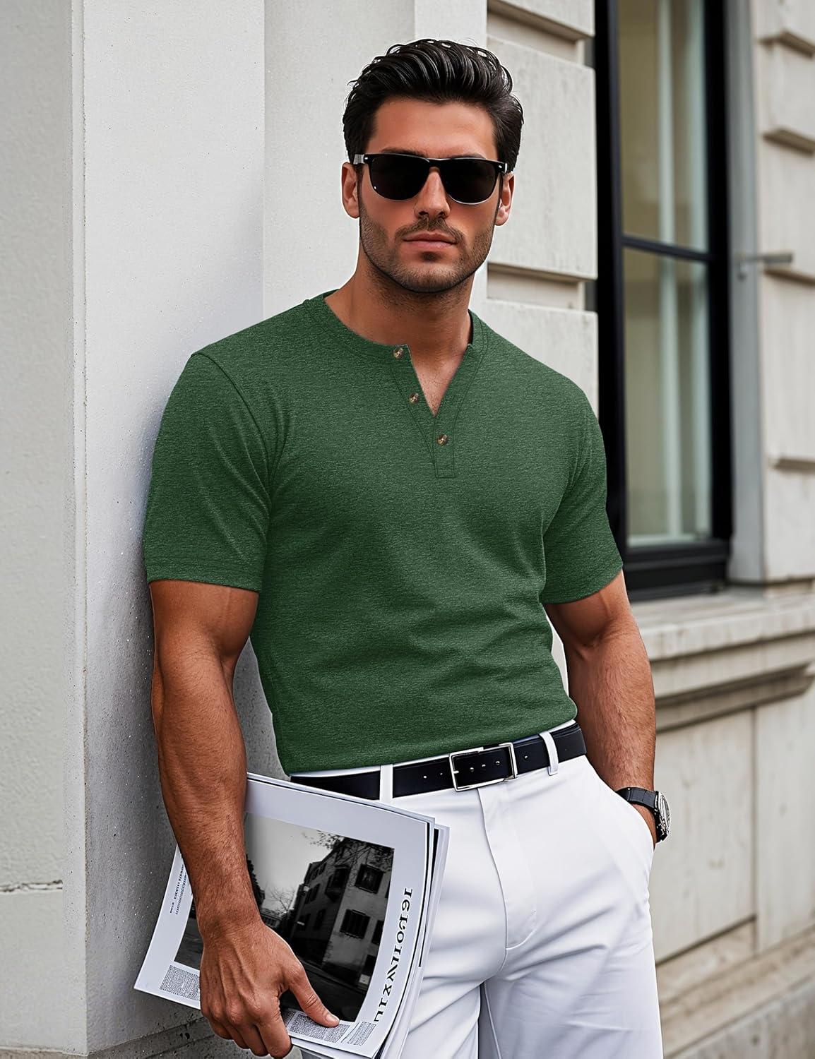 imageMAGCOMSEN Mens Henley Short Sleeve Shirt Cotton Lightweight 3 Button Tops Vintage Casual Summer Shirt Soft FashionDark Greencotton Blend