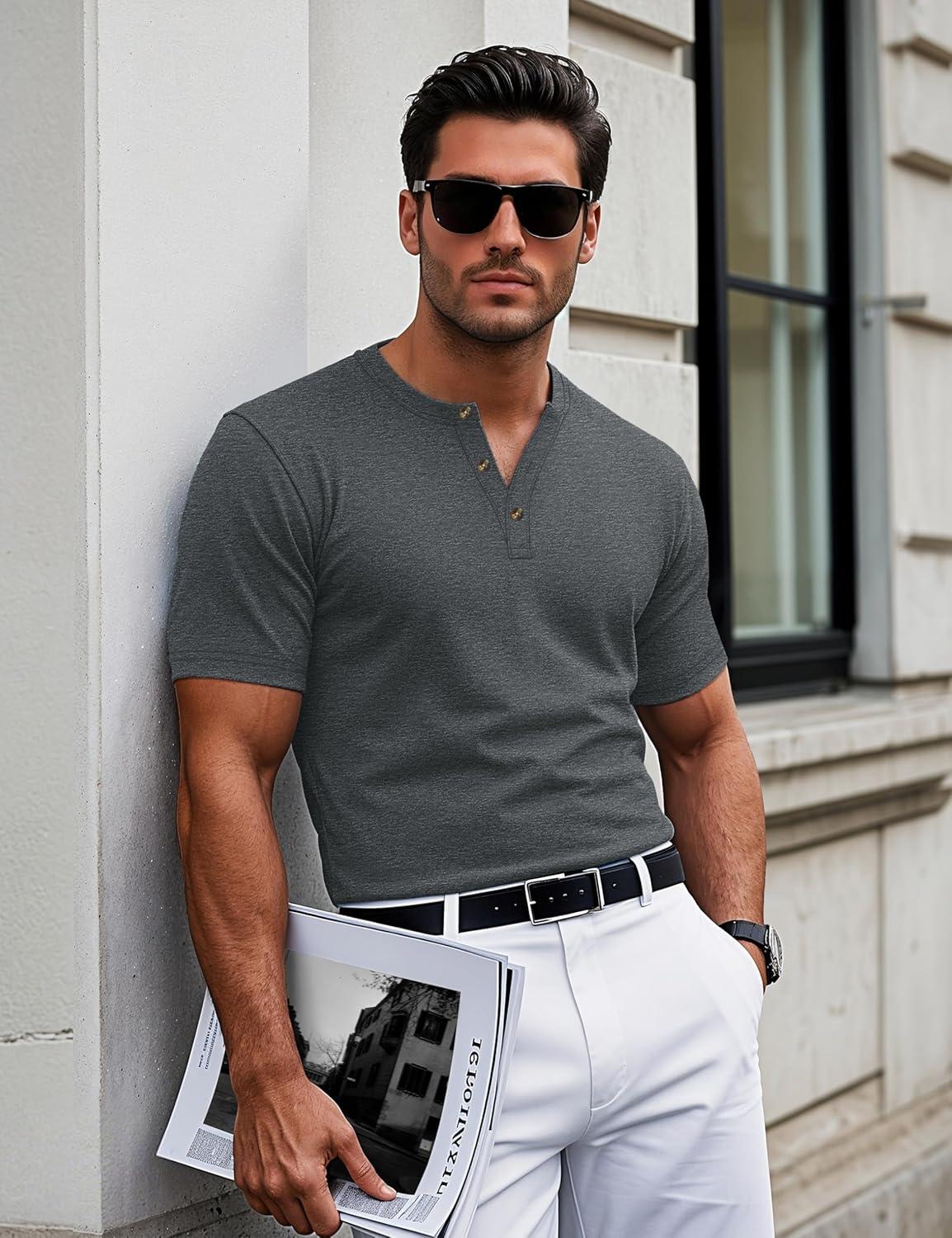 imageMAGCOMSEN Mens Henley Short Sleeve Shirt Cotton Lightweight 3 Button Tops Vintage Casual Summer Shirt Soft FashionDark Greycotton Blend