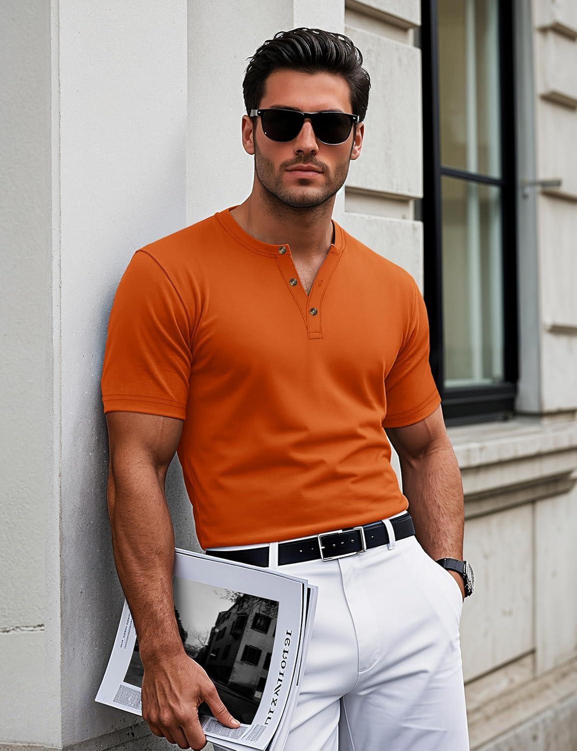 imageMAGCOMSEN Mens Henley Short Sleeve Shirt Cotton Lightweight 3 Button Tops Vintage Casual Summer Shirt Soft FashionDark Orangecotton