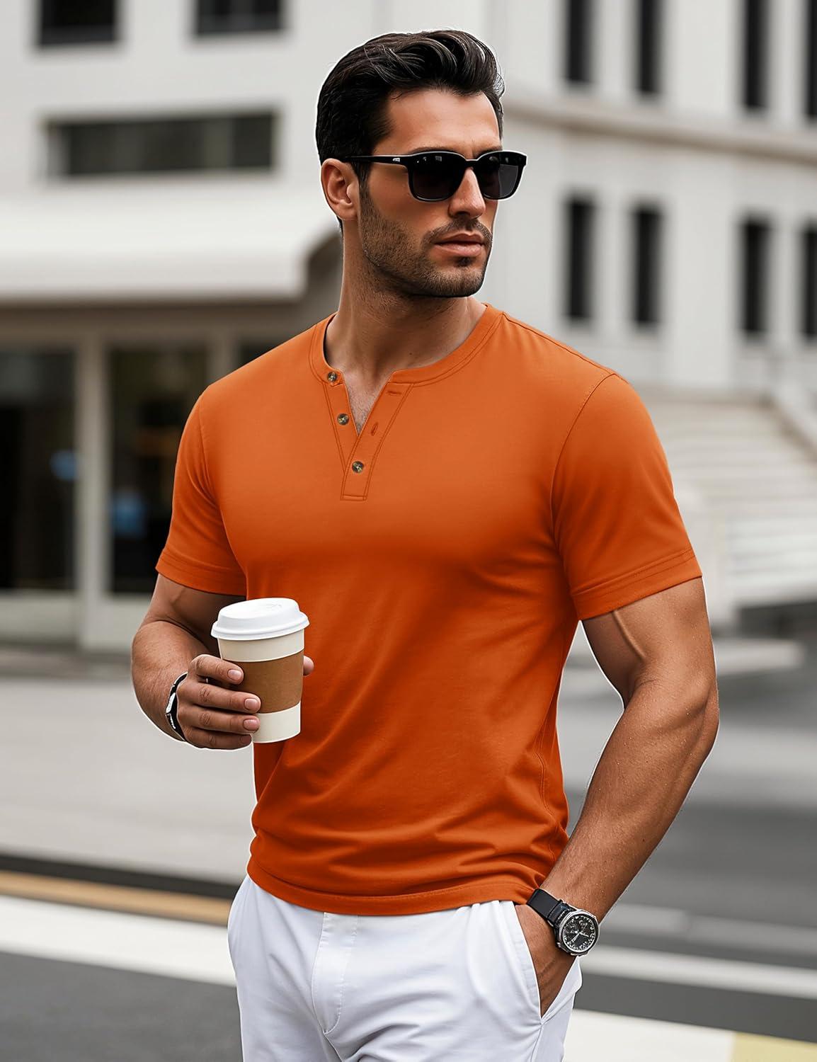 imageMAGCOMSEN Mens Henley Short Sleeve Shirt Cotton Lightweight 3 Button Tops Vintage Casual Summer Shirt Soft FashionDark Orangecotton