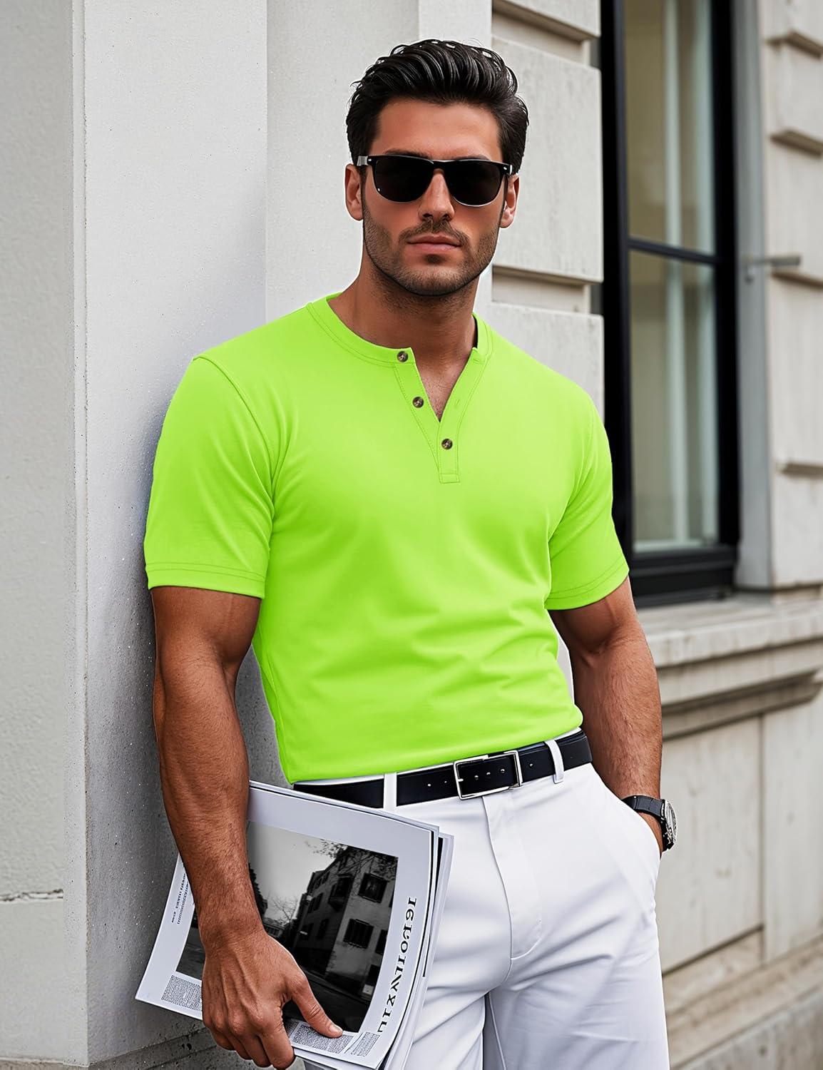 imageMAGCOMSEN Mens Henley Short Sleeve Shirt Cotton Lightweight 3 Button Tops Vintage Casual Summer Shirt Soft FashionFluorescent Greencotton