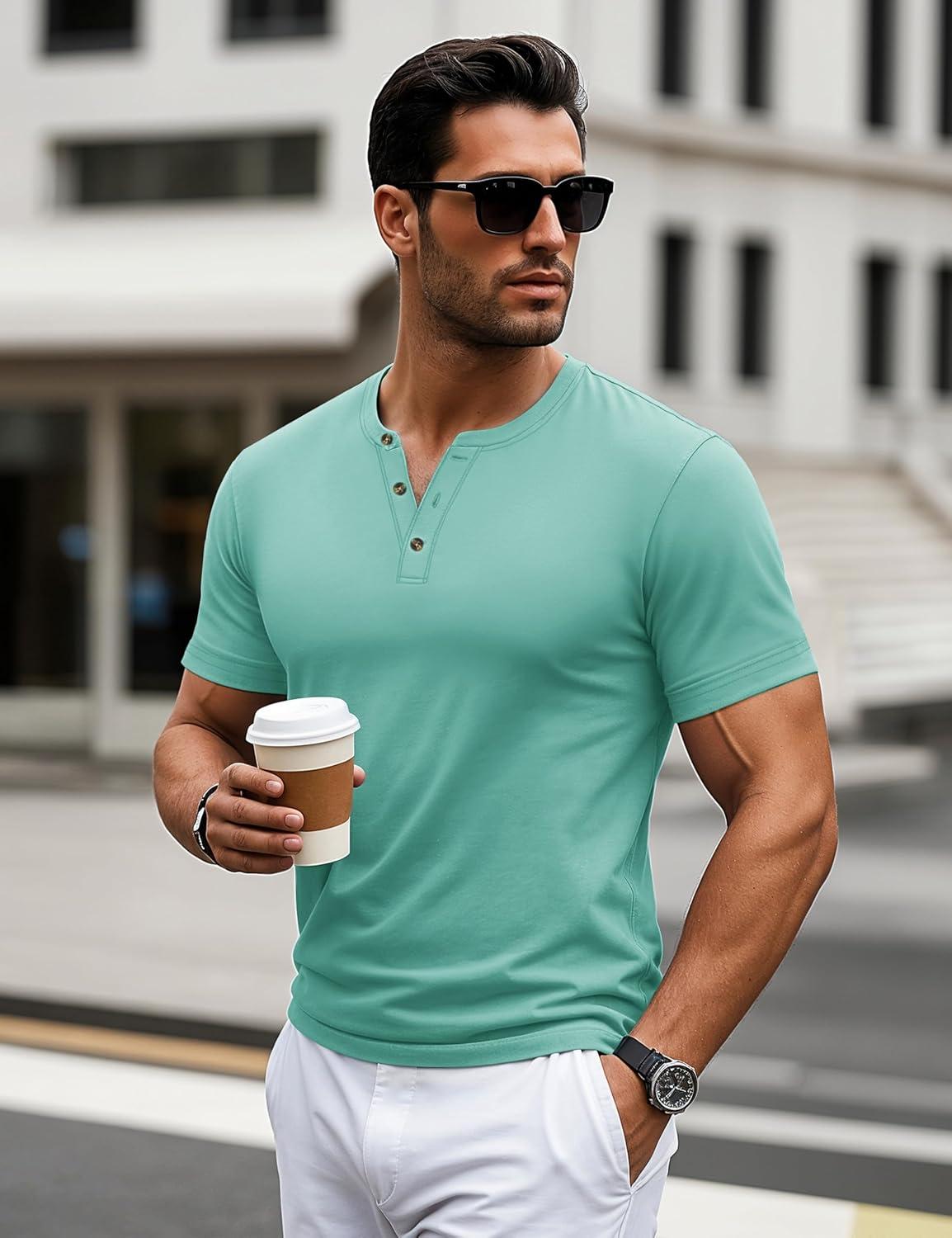imageMAGCOMSEN Mens Henley Short Sleeve Shirt Cotton Lightweight 3 Button Tops Vintage Casual Summer Shirt Soft FashionGrey Greencotton