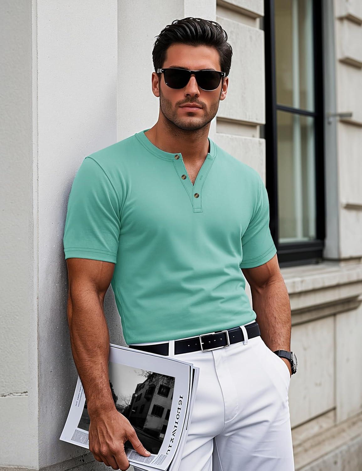 imageMAGCOMSEN Mens Henley Short Sleeve Shirt Cotton Lightweight 3 Button Tops Vintage Casual Summer Shirt Soft FashionGrey Greencotton