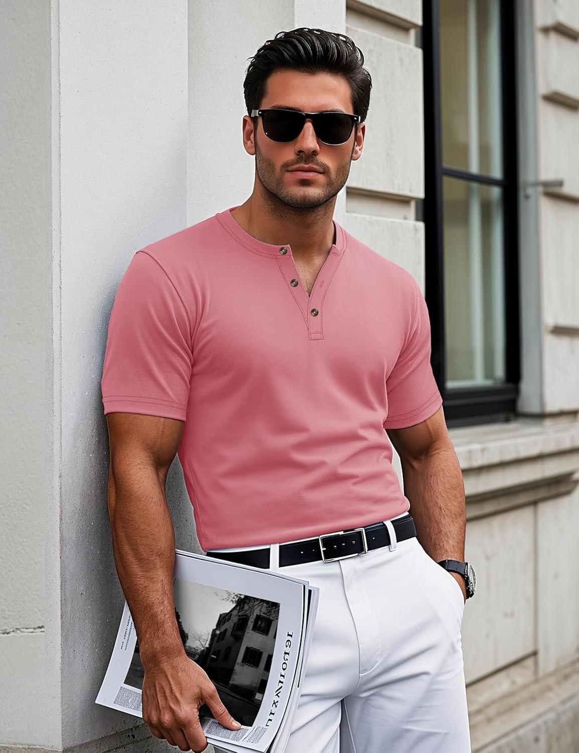 imageMAGCOMSEN Mens Henley Short Sleeve Shirt Cotton Lightweight 3 Button Tops Vintage Casual Summer Shirt Soft FashionGrey Pinkcotton