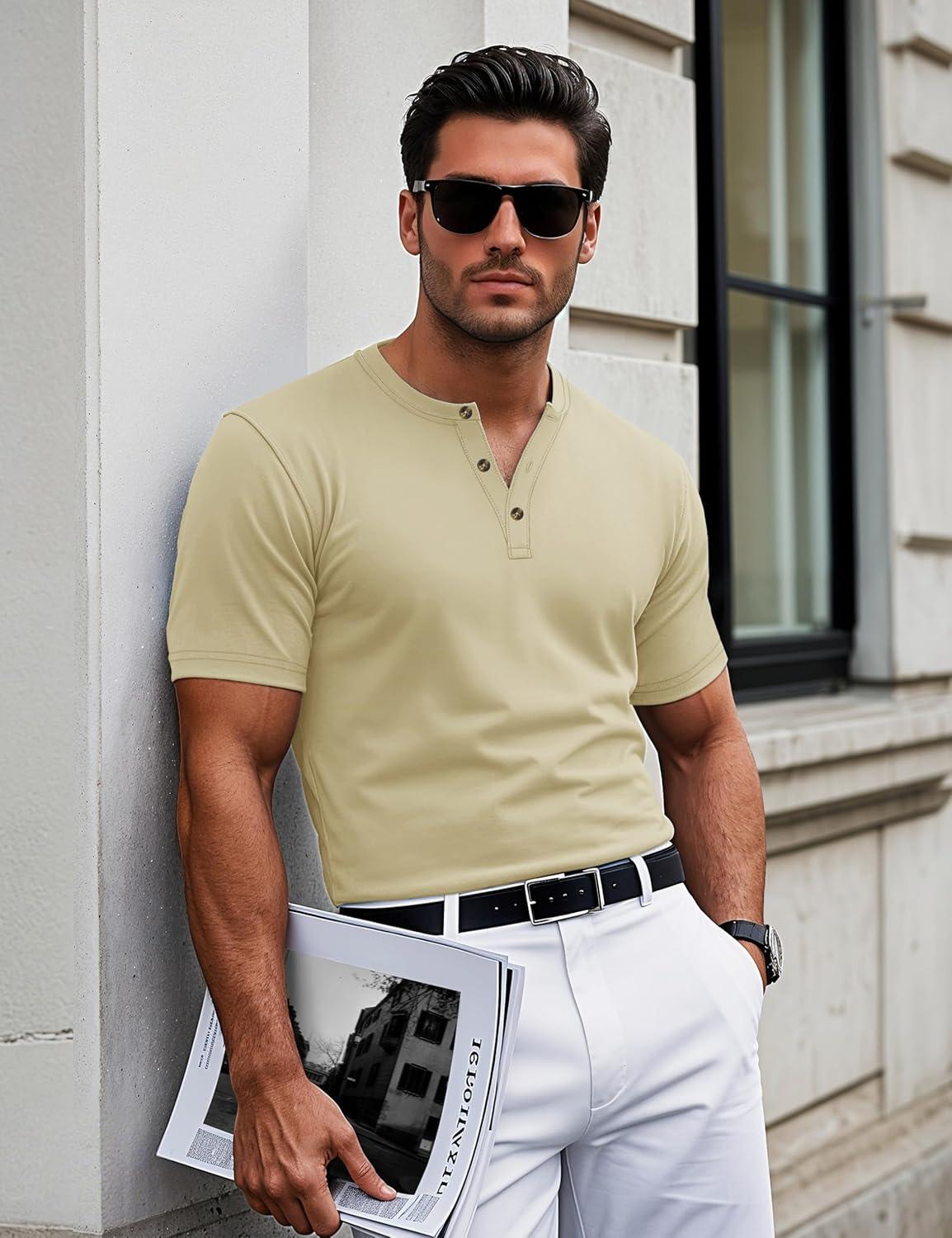 imageMAGCOMSEN Mens Henley Short Sleeve Shirt Cotton Lightweight 3 Button Tops Vintage Casual Summer Shirt Soft FashionKhakicotton