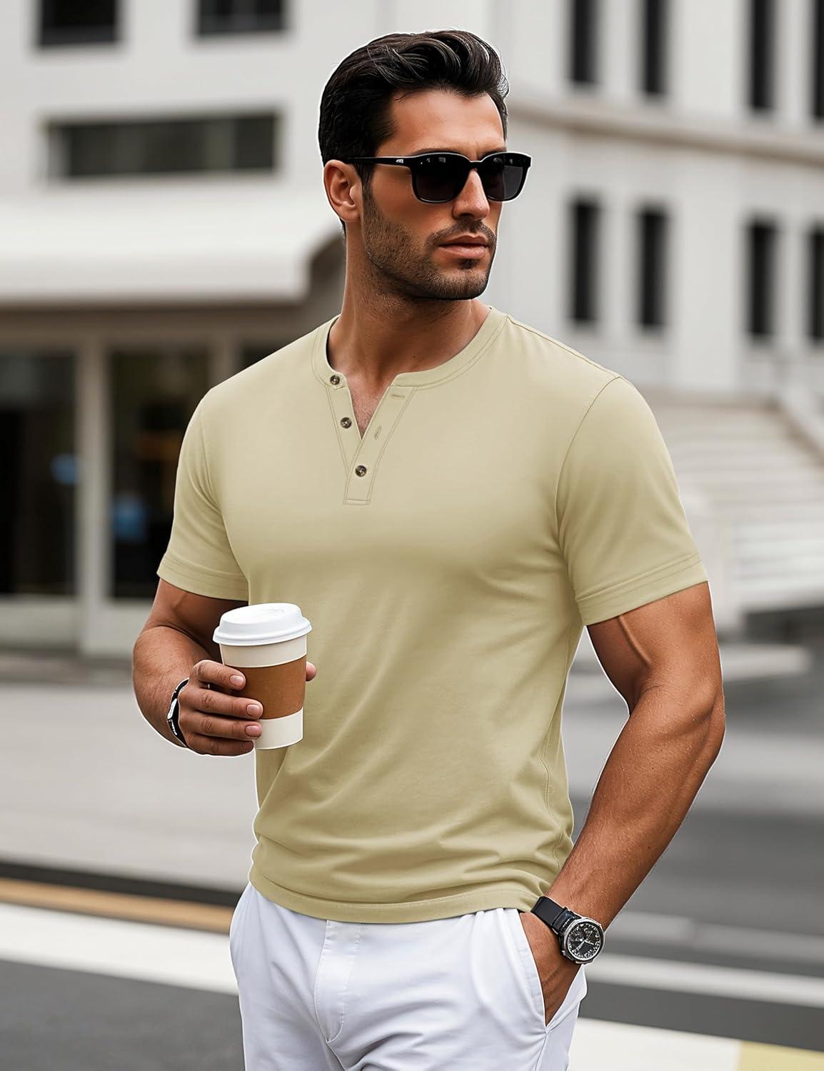 imageMAGCOMSEN Mens Henley Short Sleeve Shirt Cotton Lightweight 3 Button Tops Vintage Casual Summer Shirt Soft FashionKhakicotton