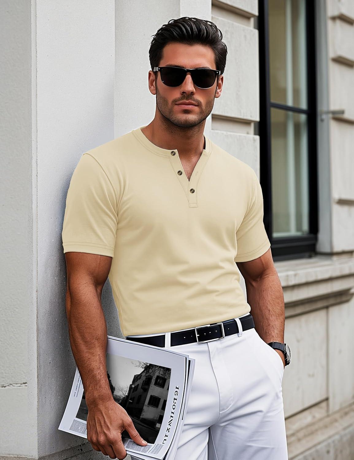 imageMAGCOMSEN Mens Henley Short Sleeve Shirt Cotton Lightweight 3 Button Tops Vintage Casual Summer Shirt Soft FashionLight Apricotcotton