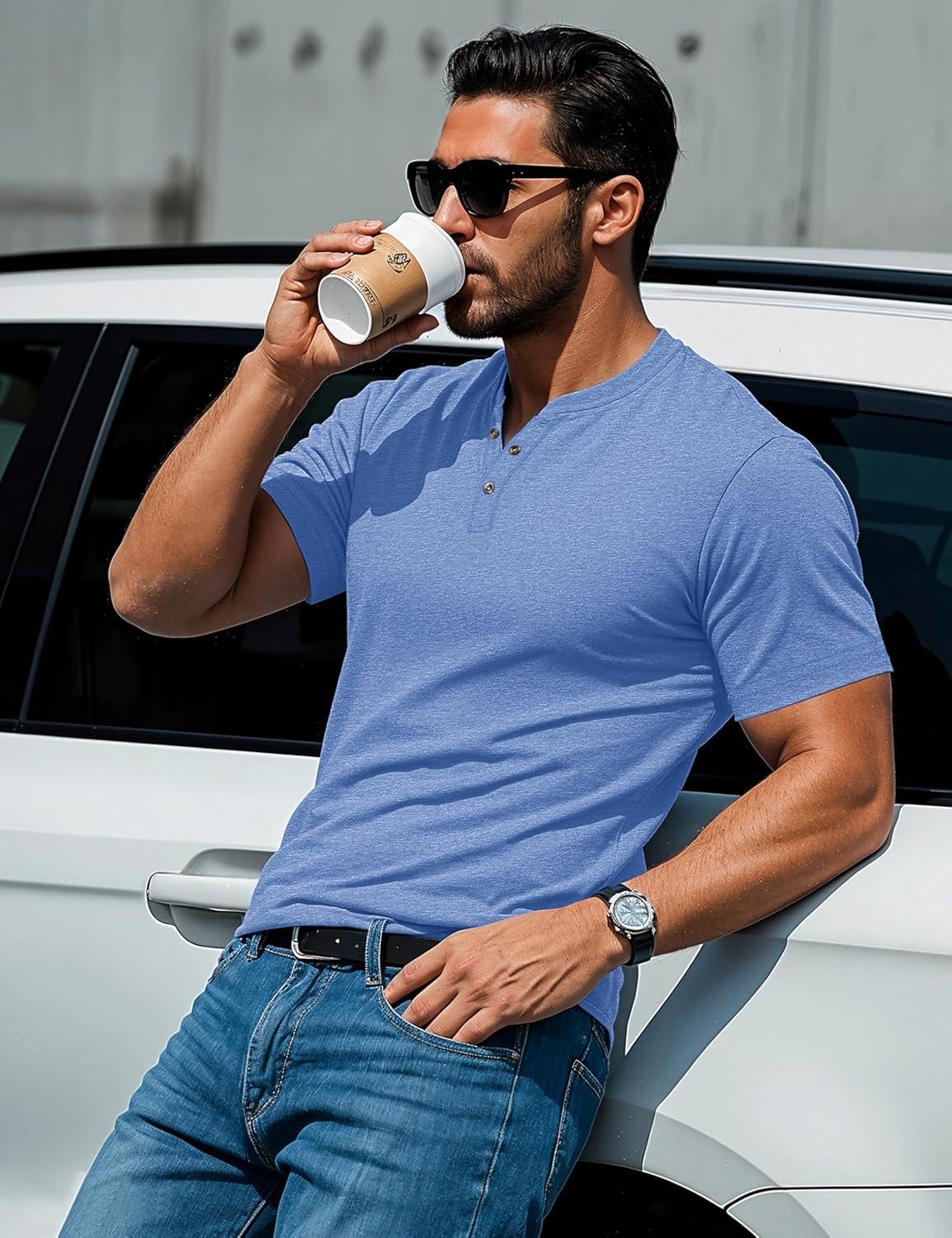 imageMAGCOMSEN Mens Henley Short Sleeve Shirt Cotton Lightweight 3 Button Tops Vintage Casual Summer Shirt Soft FashionLight Bluecotton Blend