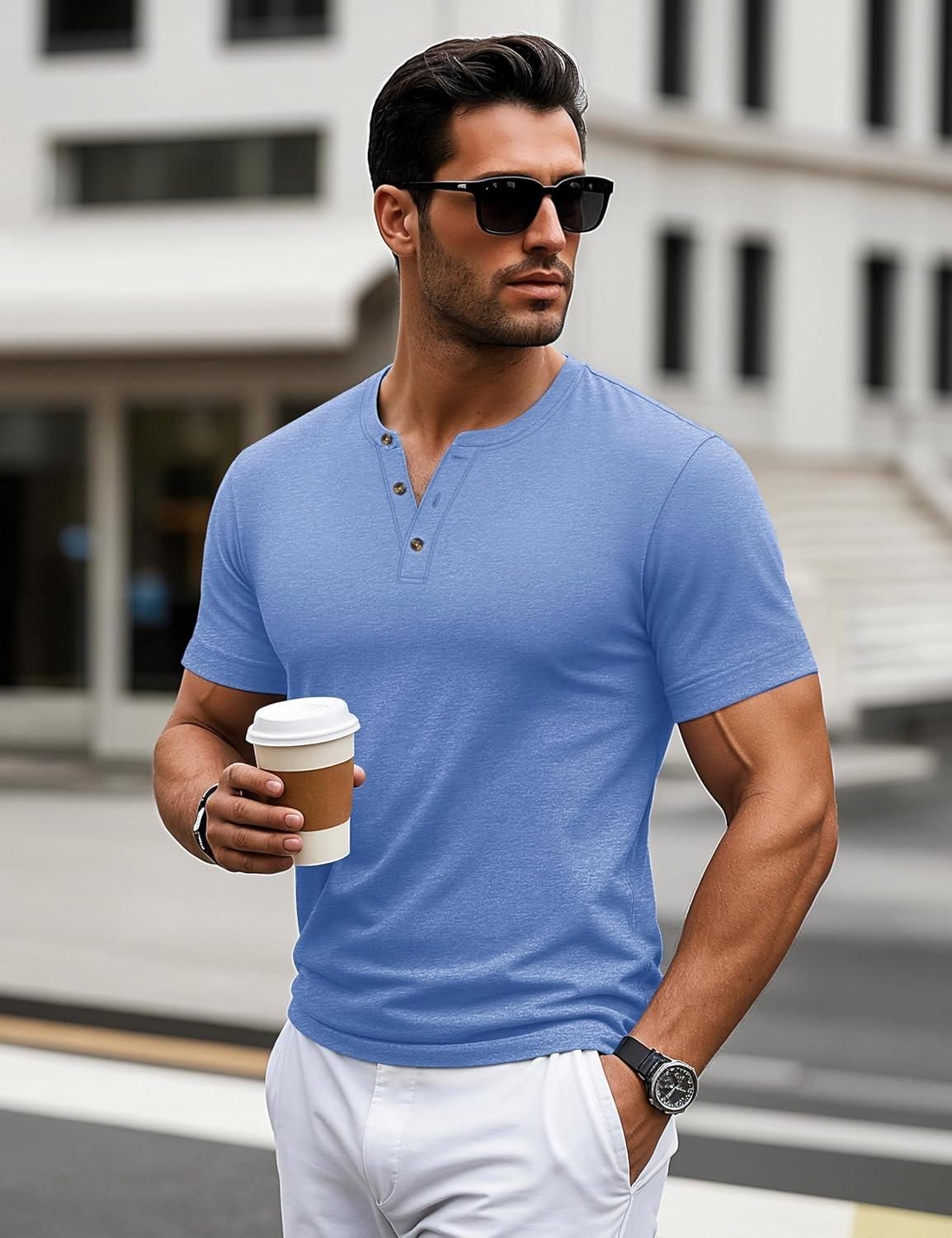 imageMAGCOMSEN Mens Henley Short Sleeve Shirt Cotton Lightweight 3 Button Tops Vintage Casual Summer Shirt Soft FashionLight Bluecotton Blend