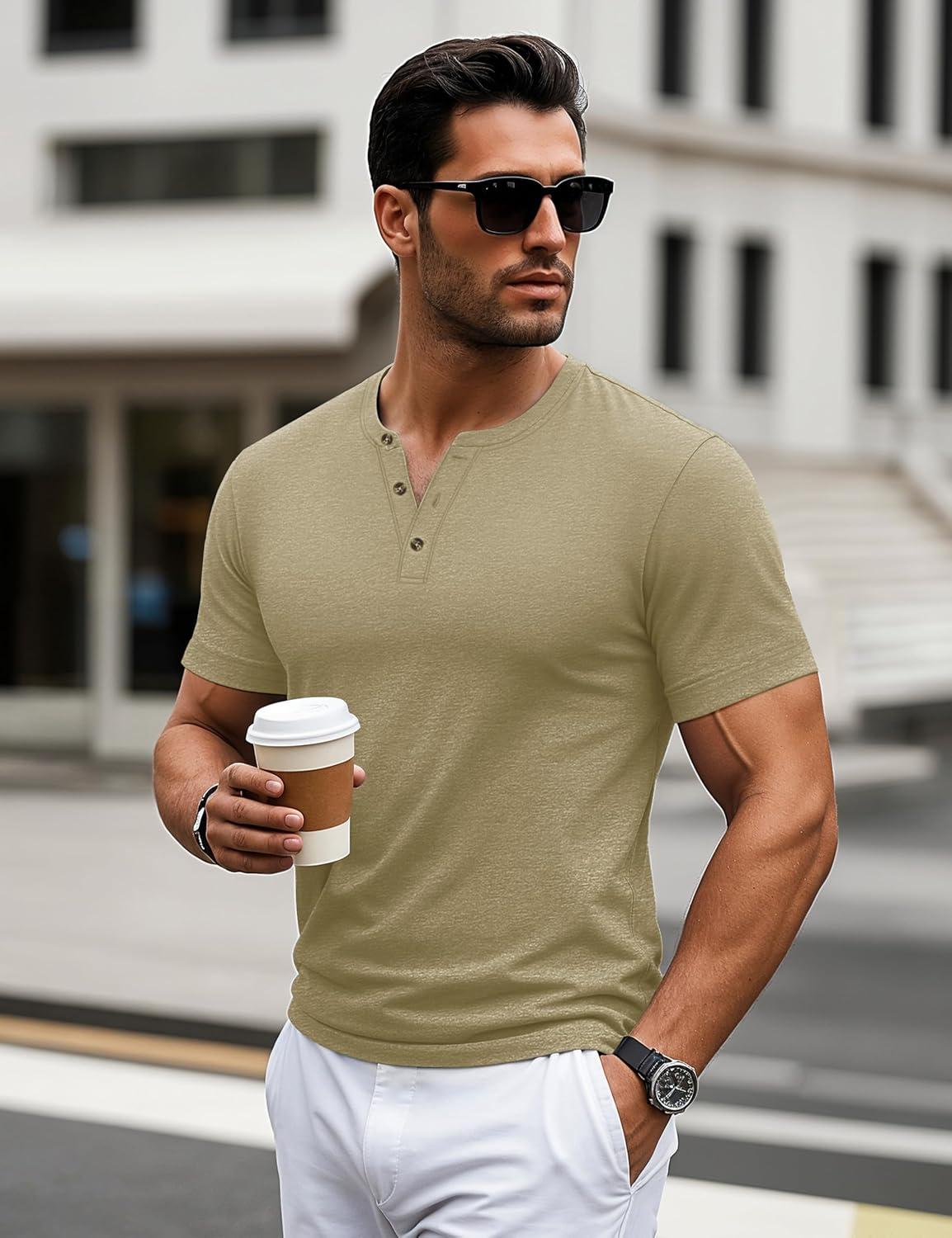 imageMAGCOMSEN Mens Henley Short Sleeve Shirt Cotton Lightweight 3 Button Tops Vintage Casual Summer Shirt Soft FashionLight Browncotton Blend