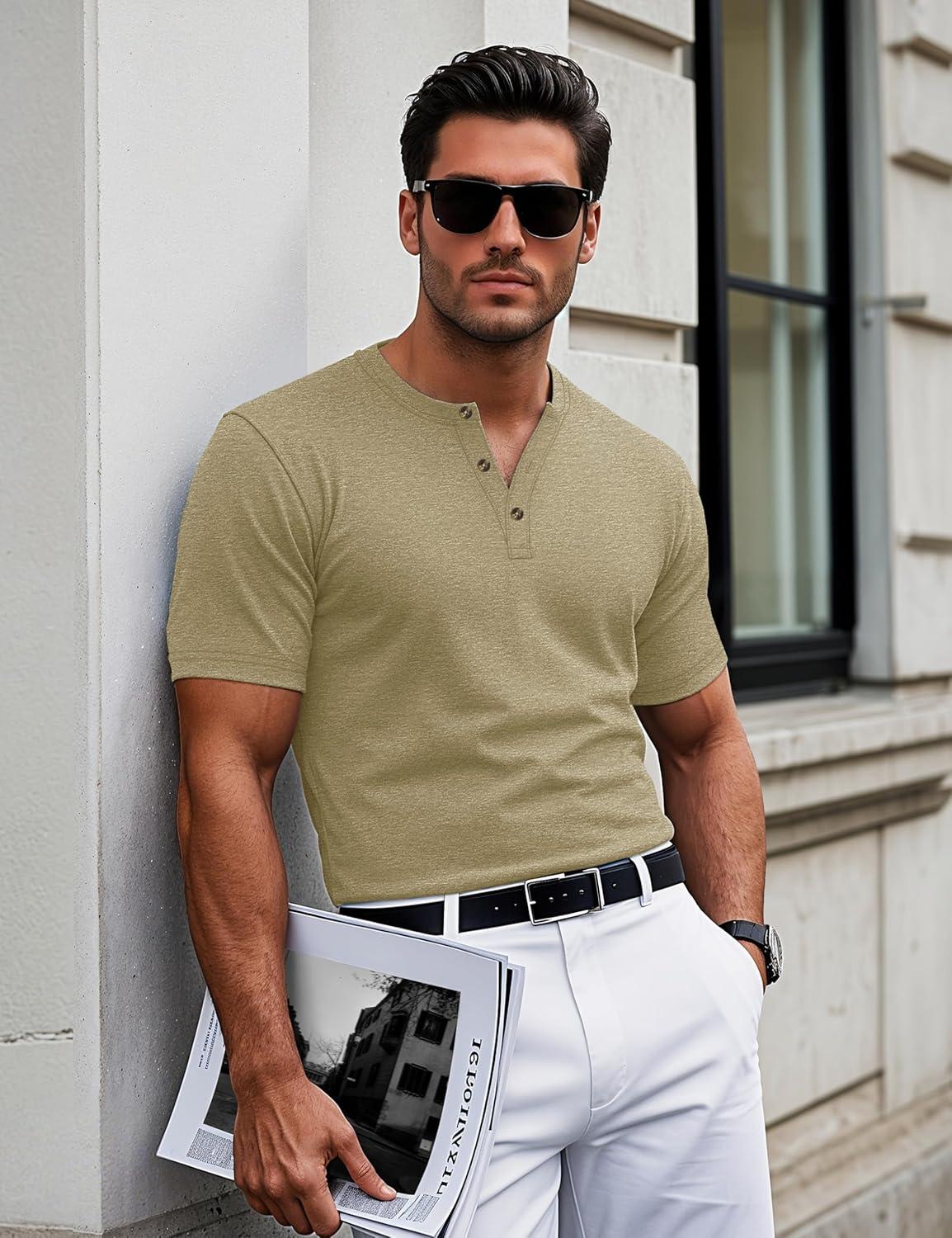 imageMAGCOMSEN Mens Henley Short Sleeve Shirt Cotton Lightweight 3 Button Tops Vintage Casual Summer Shirt Soft FashionLight Browncotton Blend