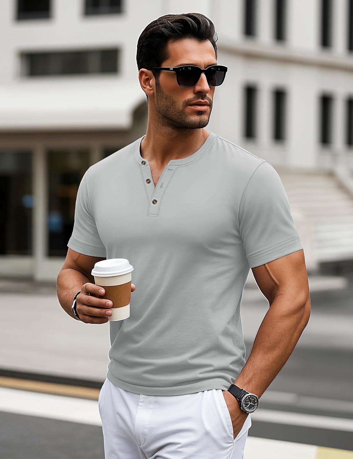 imageMAGCOMSEN Mens Henley Short Sleeve Shirt Cotton Lightweight 3 Button Tops Vintage Casual Summer Shirt Soft FashionLight Greycotton