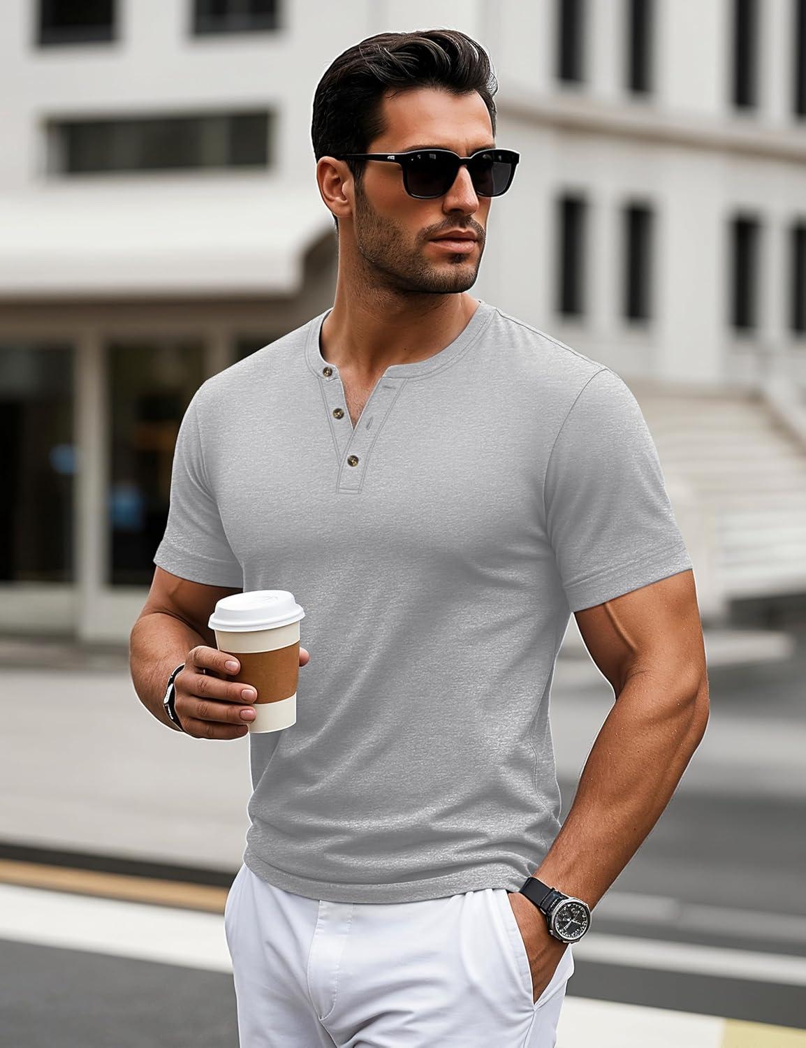 imageMAGCOMSEN Mens Henley Short Sleeve Shirt Cotton Lightweight 3 Button Tops Vintage Casual Summer Shirt Soft FashionLight Greycotton Blend