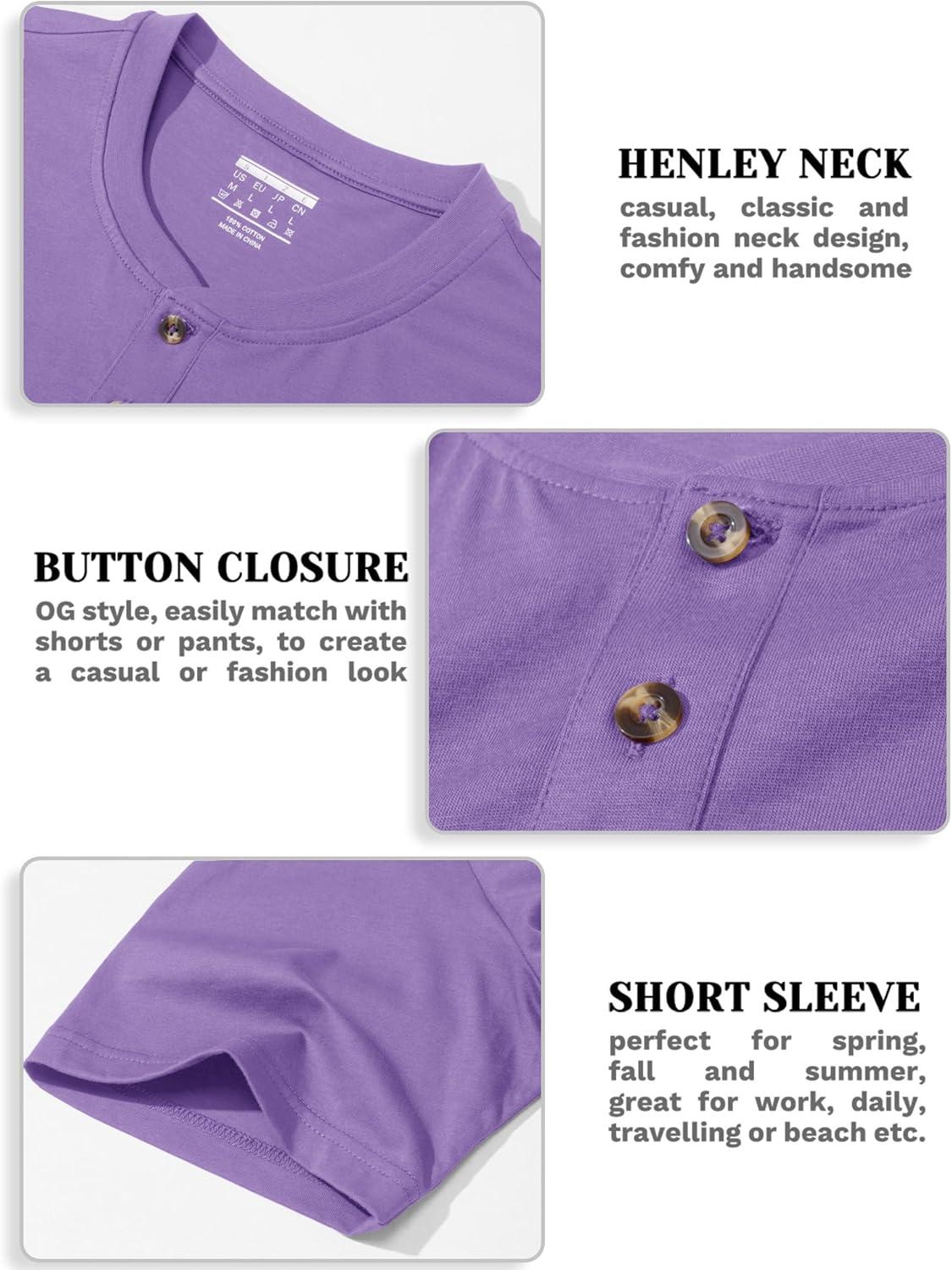 imageMAGCOMSEN Mens Henley Short Sleeve Shirt Cotton Lightweight 3 Button Tops Vintage Casual Summer Shirt Soft FashionLight Purplecotton
