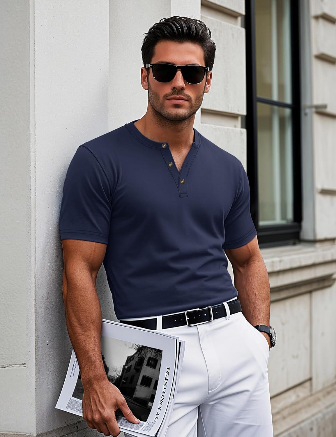 imageMAGCOMSEN Mens Henley Short Sleeve Shirt Cotton Lightweight 3 Button Tops Vintage Casual Summer Shirt Soft FashionNavycotton