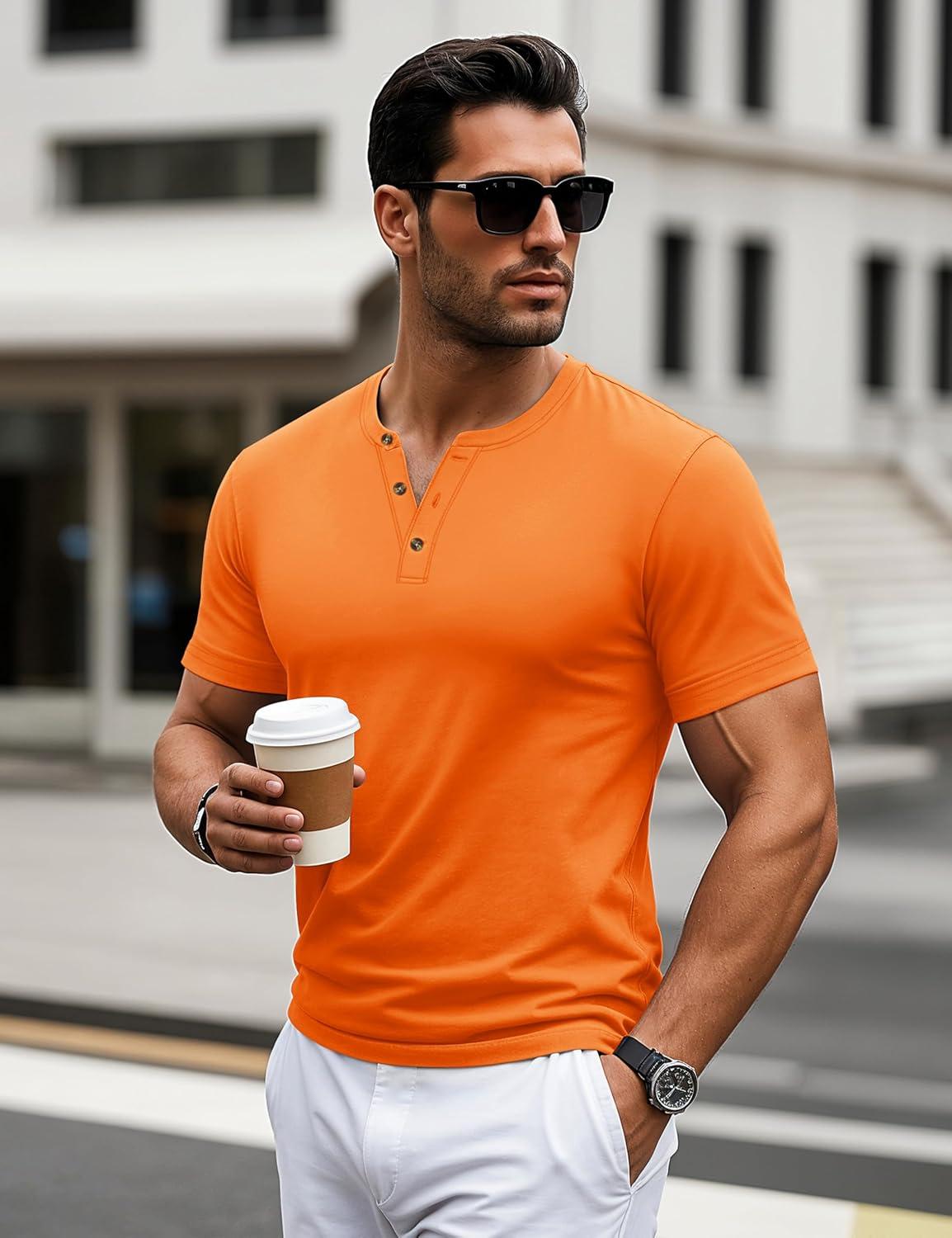 imageMAGCOMSEN Mens Henley Short Sleeve Shirt Cotton Lightweight 3 Button Tops Vintage Casual Summer Shirt Soft FashionOrangecotton
