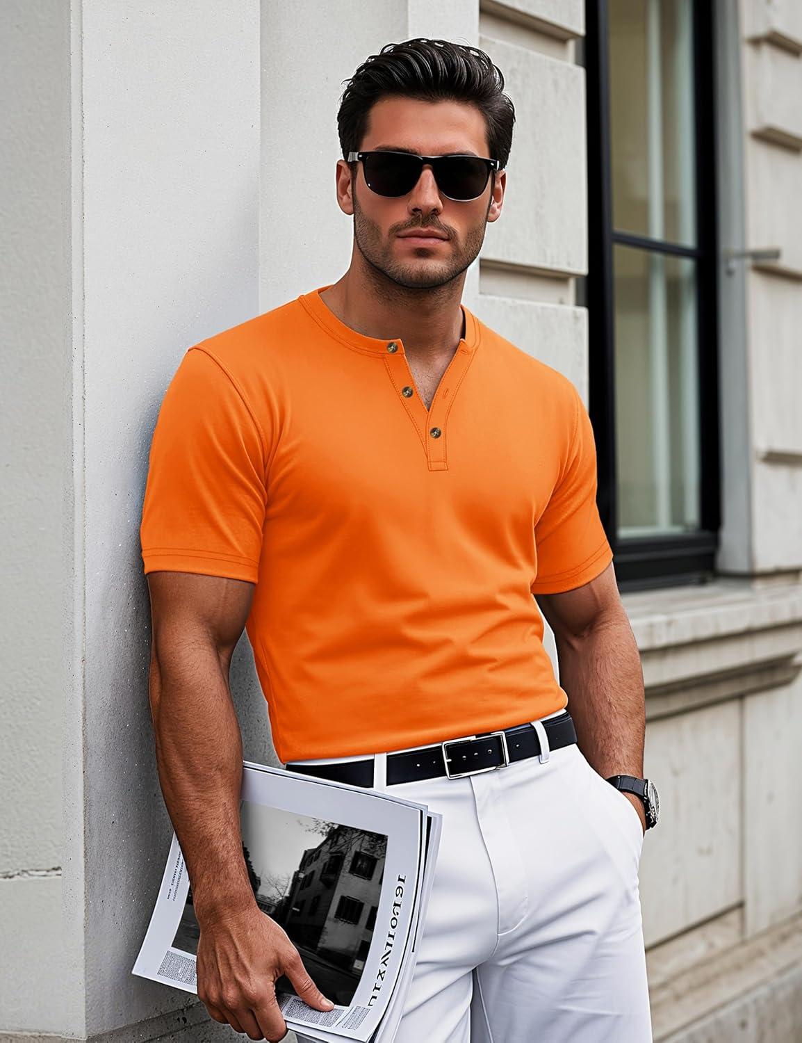 imageMAGCOMSEN Mens Henley Short Sleeve Shirt Cotton Lightweight 3 Button Tops Vintage Casual Summer Shirt Soft FashionOrangecotton
