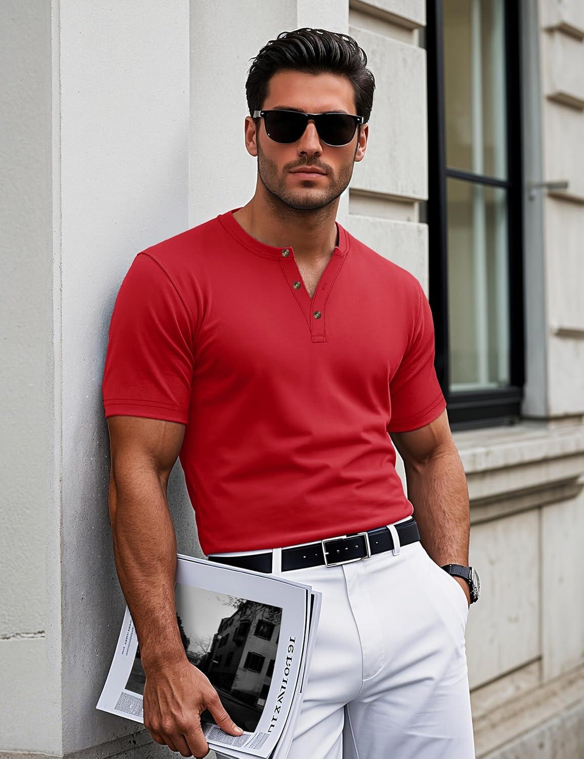 imageMAGCOMSEN Mens Henley Short Sleeve Shirt Cotton Lightweight 3 Button Tops Vintage Casual Summer Shirt Soft FashionTomatocotton