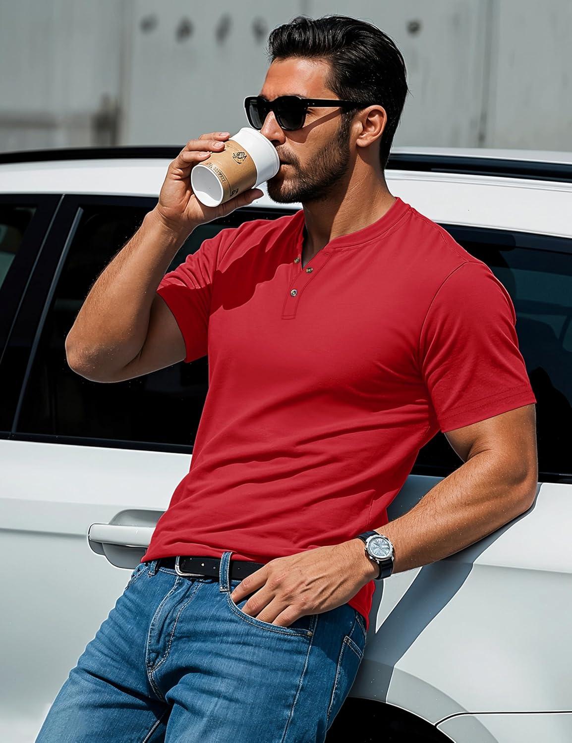 imageMAGCOMSEN Mens Henley Short Sleeve Shirt Cotton Lightweight 3 Button Tops Vintage Casual Summer Shirt Soft FashionTomatocotton