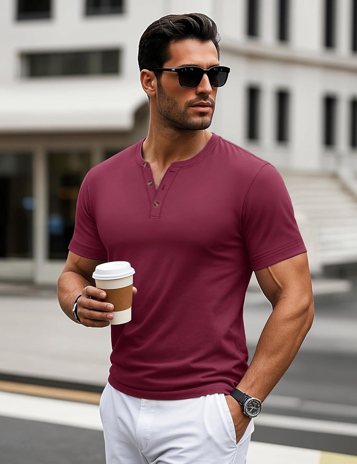 imageMAGCOMSEN Mens Henley Short Sleeve Shirt Cotton Lightweight 3 Button Tops Vintage Casual Summer Shirt Soft FashionWine Redcotton
