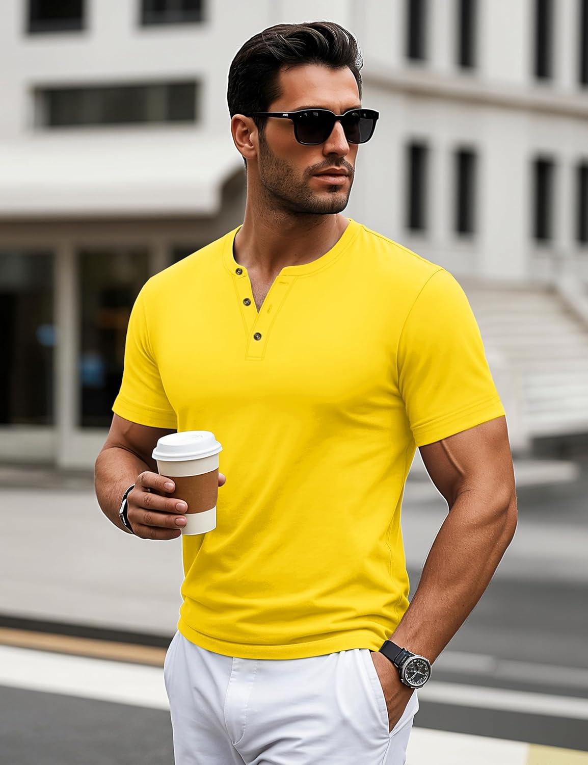 imageMAGCOMSEN Mens Henley Short Sleeve Shirt Cotton Lightweight 3 Button Tops Vintage Casual Summer Shirt Soft FashionYellowcotton