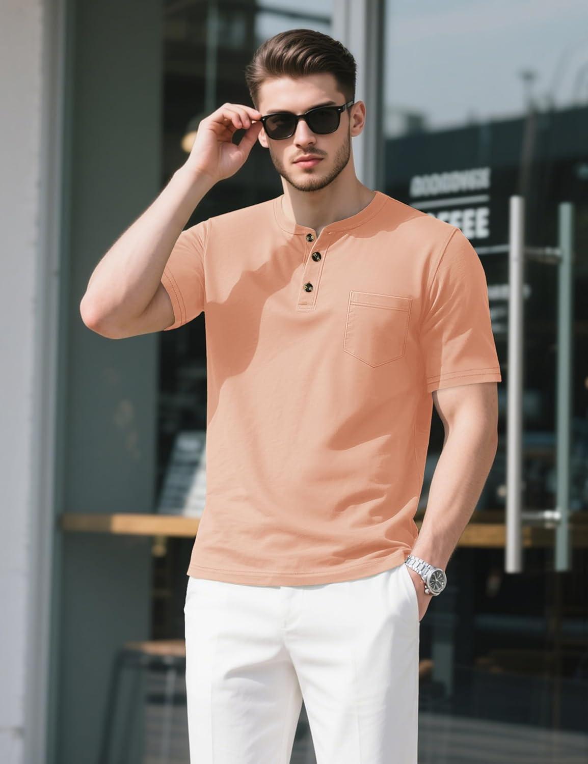 imageMAGCOMSEN Mens Henley Short Sleeve Shirt Cotton Lightweight Tee Shirts Casual Summer Basic Tees with PocketApricot