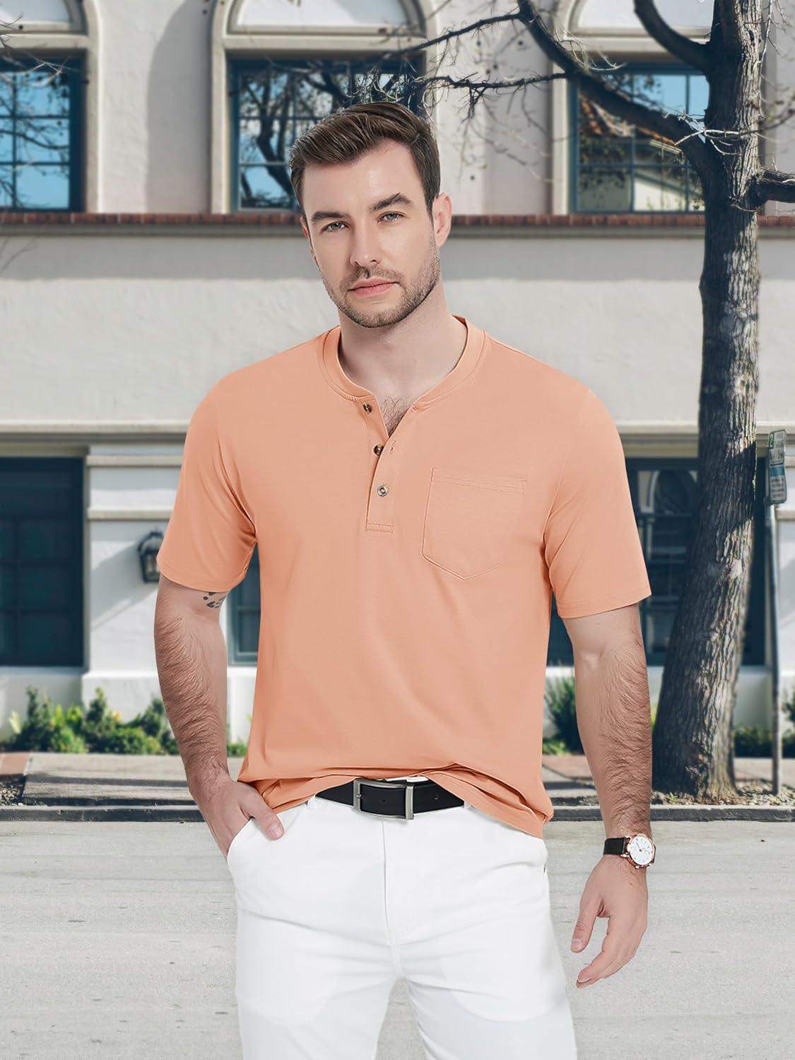 imageMAGCOMSEN Mens Henley Short Sleeve Shirt Cotton Lightweight Tee Shirts Casual Summer Basic Tees with PocketApricot