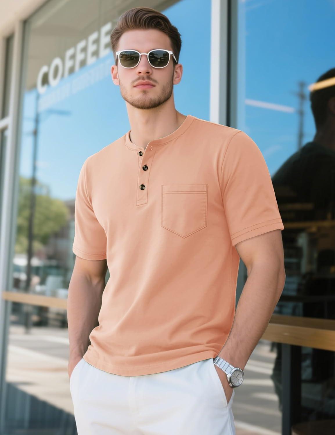 imageMAGCOMSEN Mens Henley Short Sleeve Shirt Cotton Lightweight Tee Shirts Casual Summer Basic Tees with PocketApricot