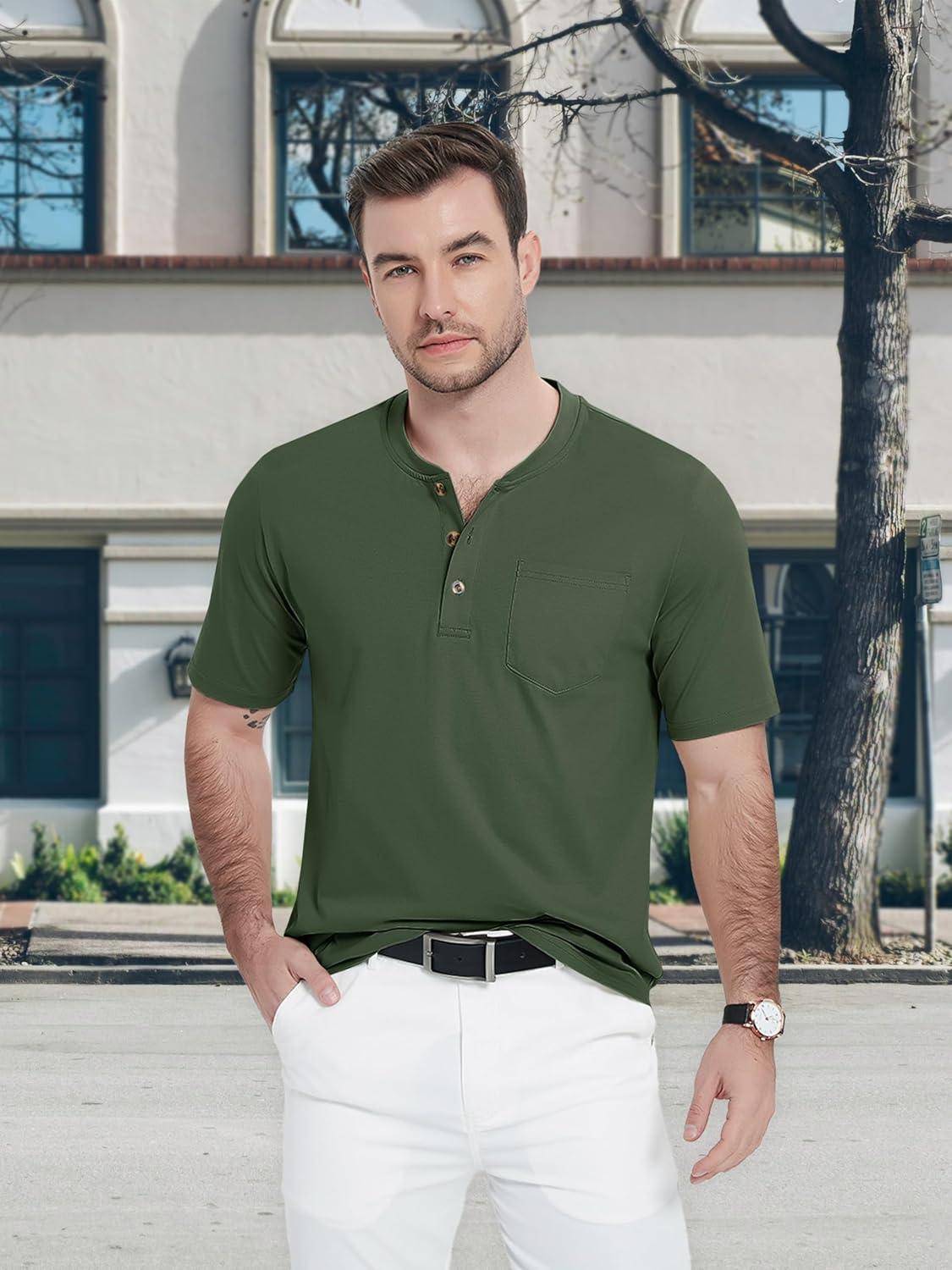 imageMAGCOMSEN Mens Henley Short Sleeve Shirt Cotton Lightweight Tee Shirts Casual Summer Basic Tees with PocketArmy Green