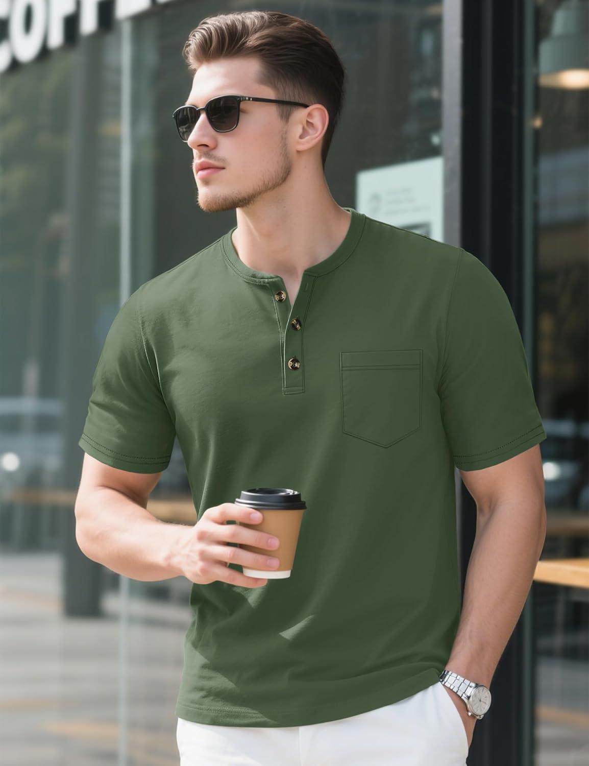 imageMAGCOMSEN Mens Henley Short Sleeve Shirt Cotton Lightweight Tee Shirts Casual Summer Basic Tees with PocketArmy Green