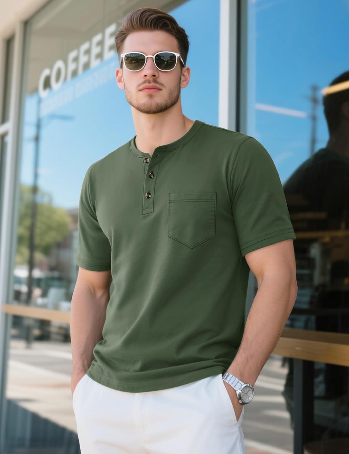 imageMAGCOMSEN Mens Henley Short Sleeve Shirt Cotton Lightweight Tee Shirts Casual Summer Basic Tees with PocketArmy Green