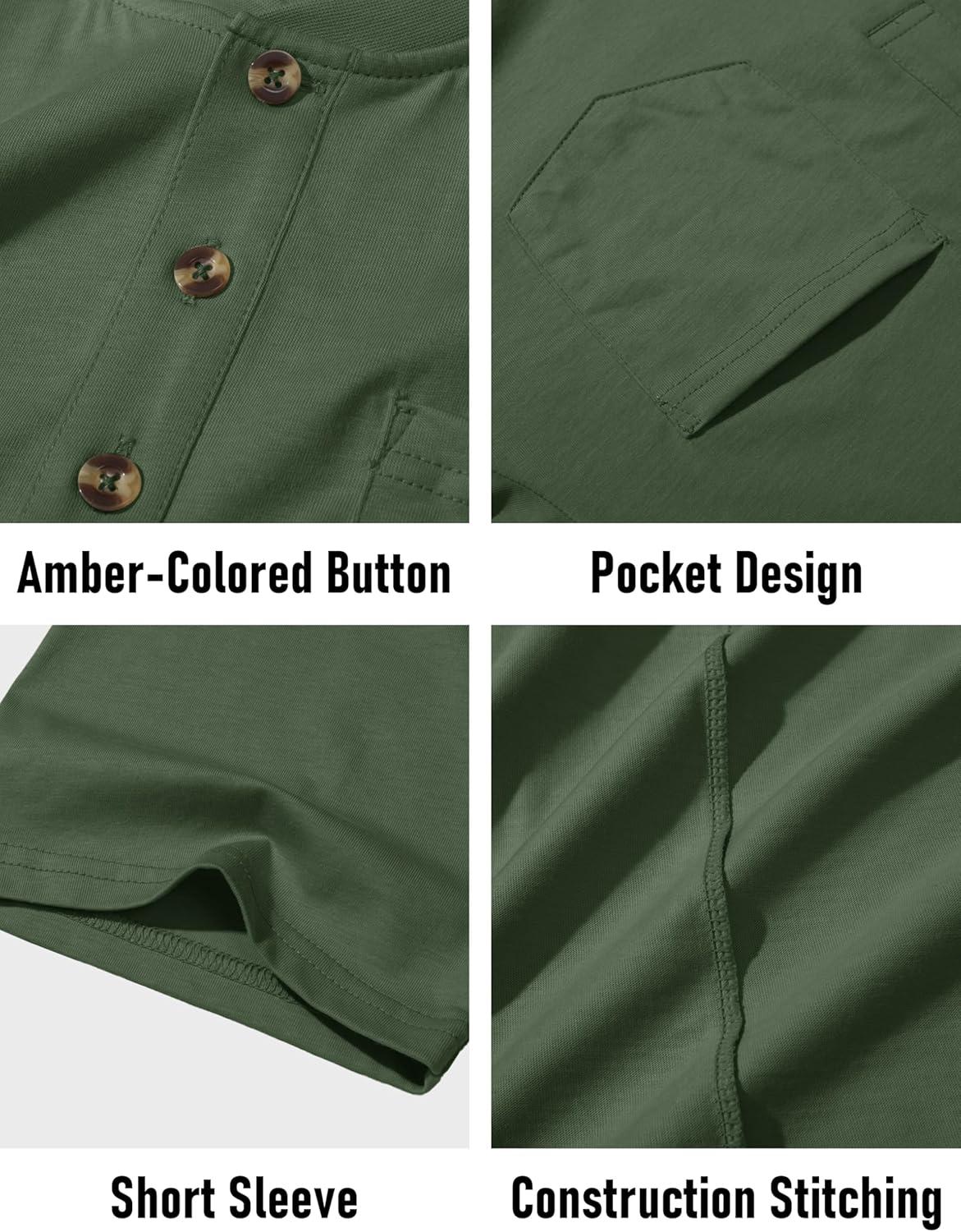 imageMAGCOMSEN Mens Henley Short Sleeve Shirt Cotton Lightweight Tee Shirts Casual Summer Basic Tees with PocketArmy Green