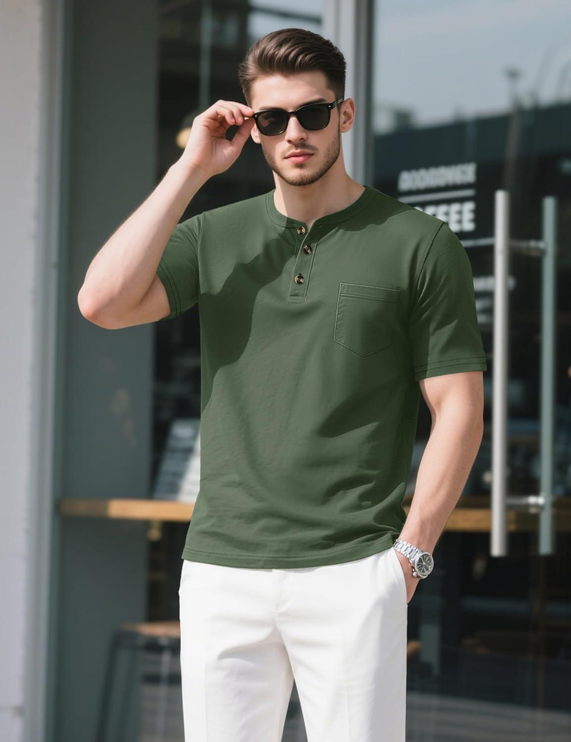 imageMAGCOMSEN Mens Henley Short Sleeve Shirt Cotton Lightweight Tee Shirts Casual Summer Basic Tees with PocketArmy Green