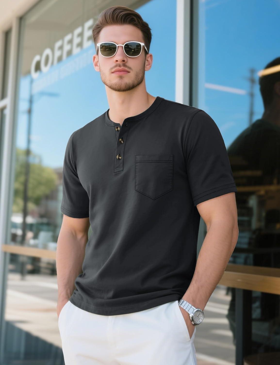 imageMAGCOMSEN Mens Henley Short Sleeve Shirt Cotton Lightweight Tee Shirts Casual Summer Basic Tees with PocketBlack