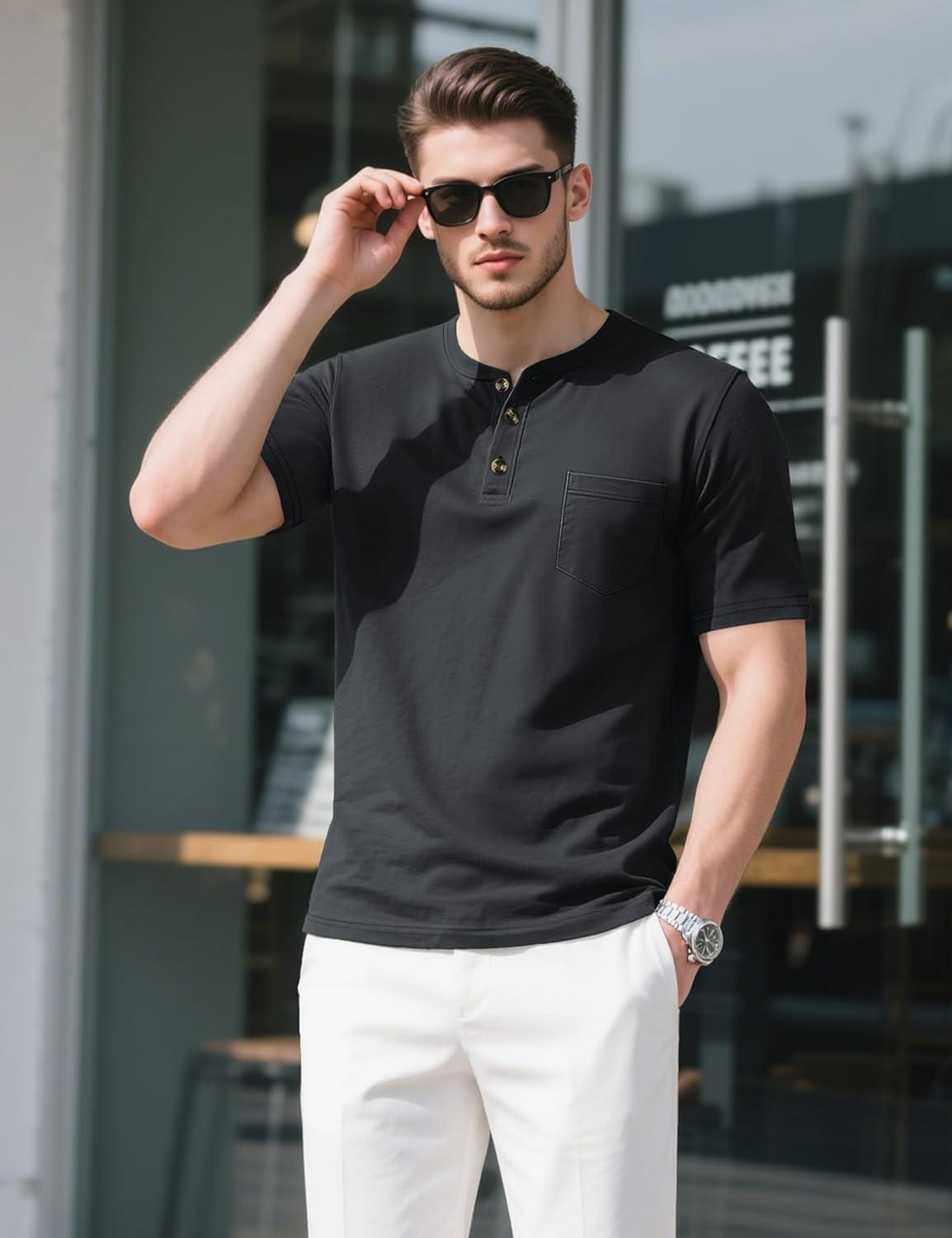 imageMAGCOMSEN Mens Henley Short Sleeve Shirt Cotton Lightweight Tee Shirts Casual Summer Basic Tees with PocketBlack