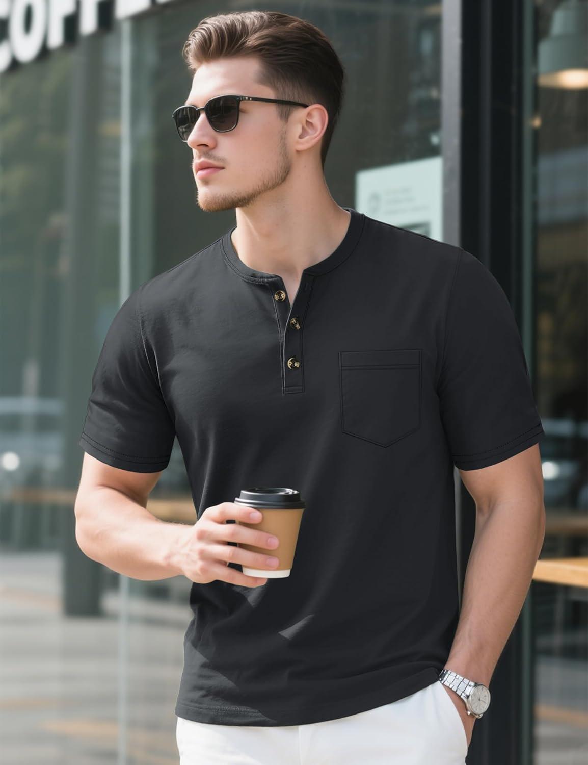 imageMAGCOMSEN Mens Henley Short Sleeve Shirt Cotton Lightweight Tee Shirts Casual Summer Basic Tees with PocketBlack