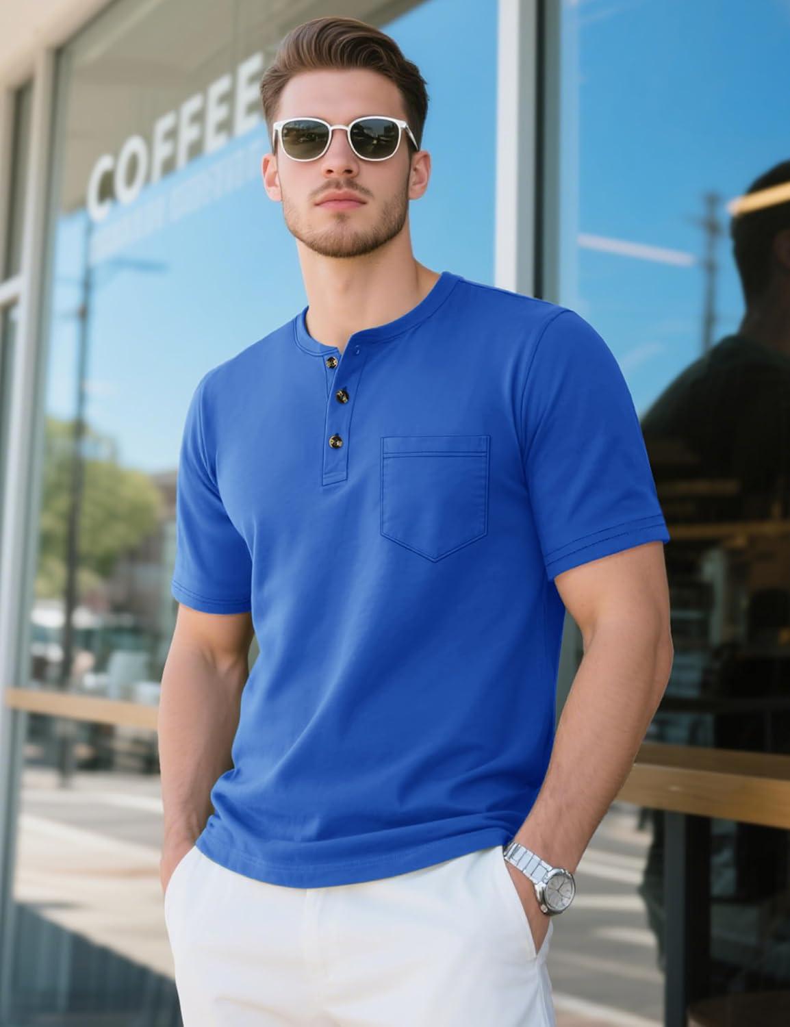 imageMAGCOMSEN Mens Henley Short Sleeve Shirt Cotton Lightweight Tee Shirts Casual Summer Basic Tees with PocketBright Blue